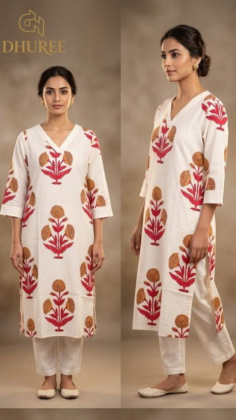 Women's White Pure Cotton Straight Kurta With Pant Set