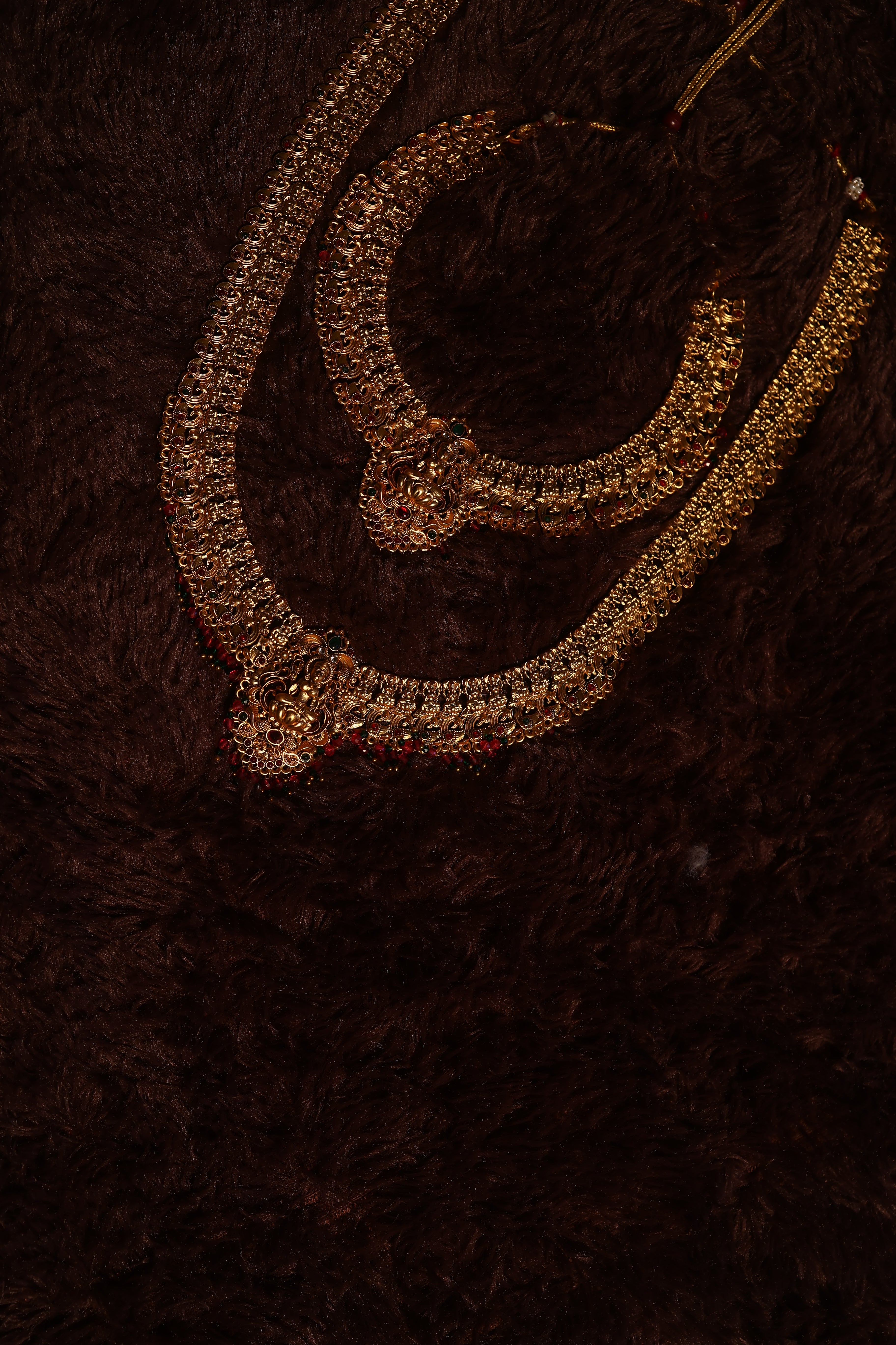 Green & Golden Beads Lakshmi Motif Choker , Long Haram