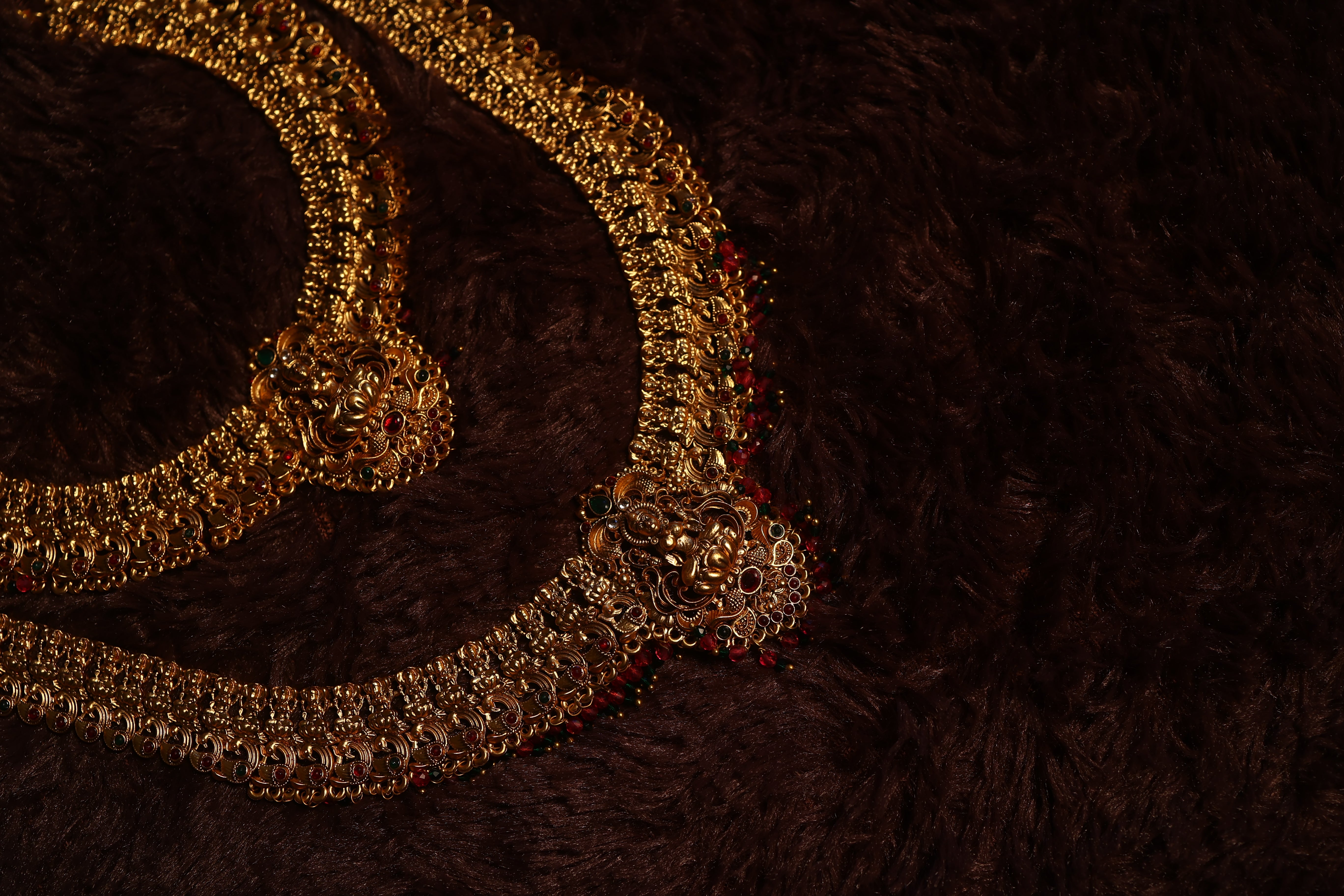 Green & Golden Beads Lakshmi Motif Choker , Long Haram
