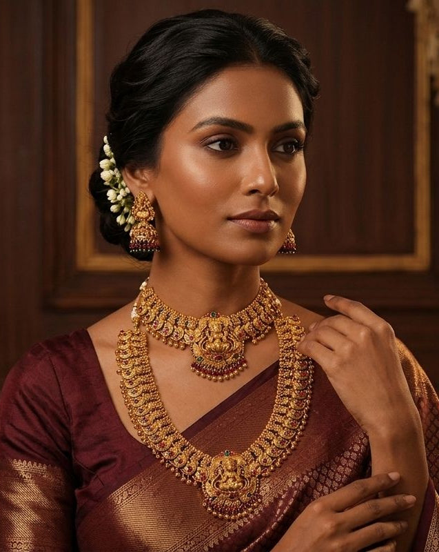 Green & Golden Beads Lakshmi Motif Choker , Long Haram