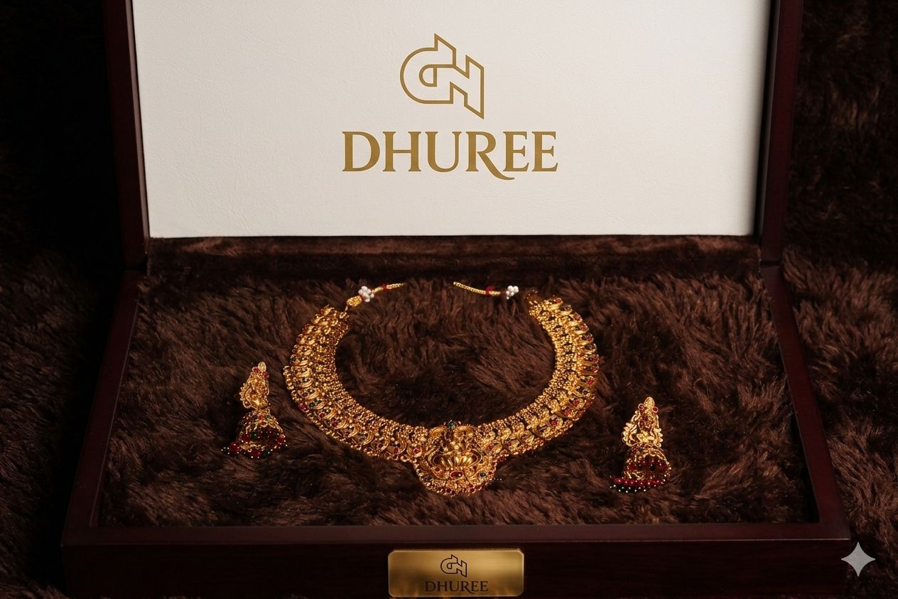 Green & Golden Beads Lakshmi Motif Choker , Long Haram