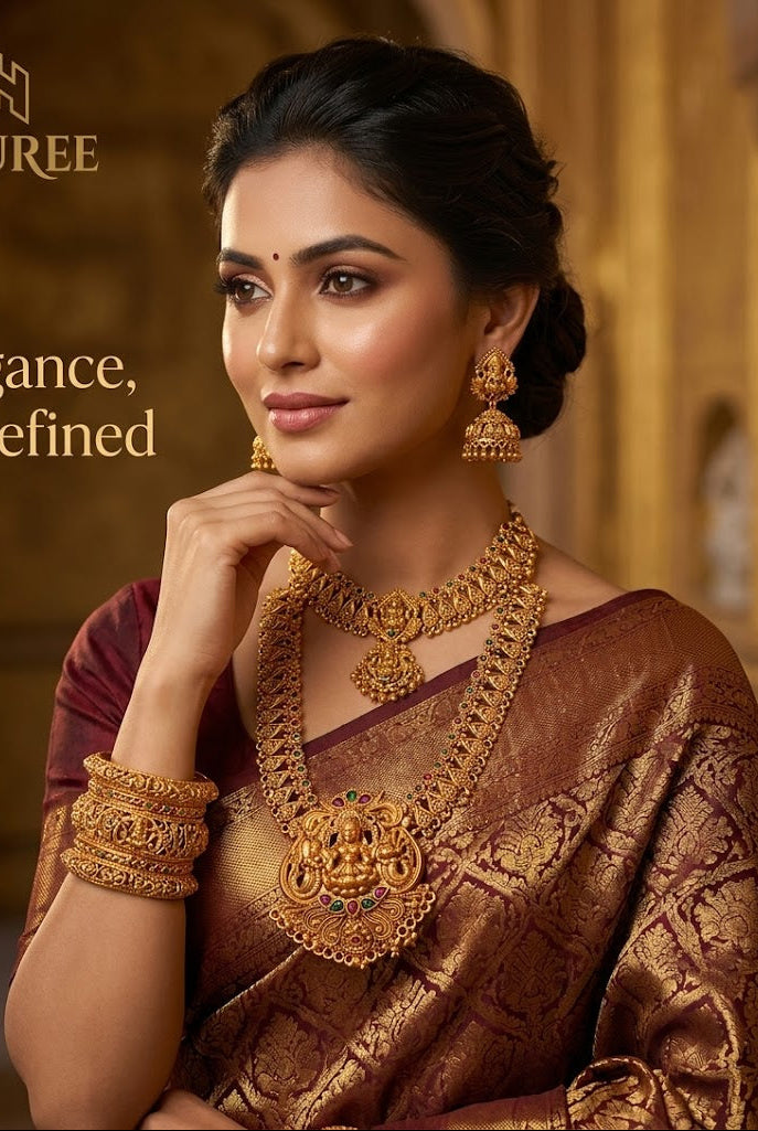 Green & Golden Beads Lakshmi Motif Choker , Long Haram