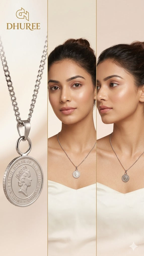 Stainless Steel Silver Plated Thick Chain Elizabeth Coin Pendant Necklace