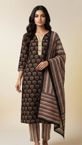 Black Printed Cotton Kurta Set With Dupatta