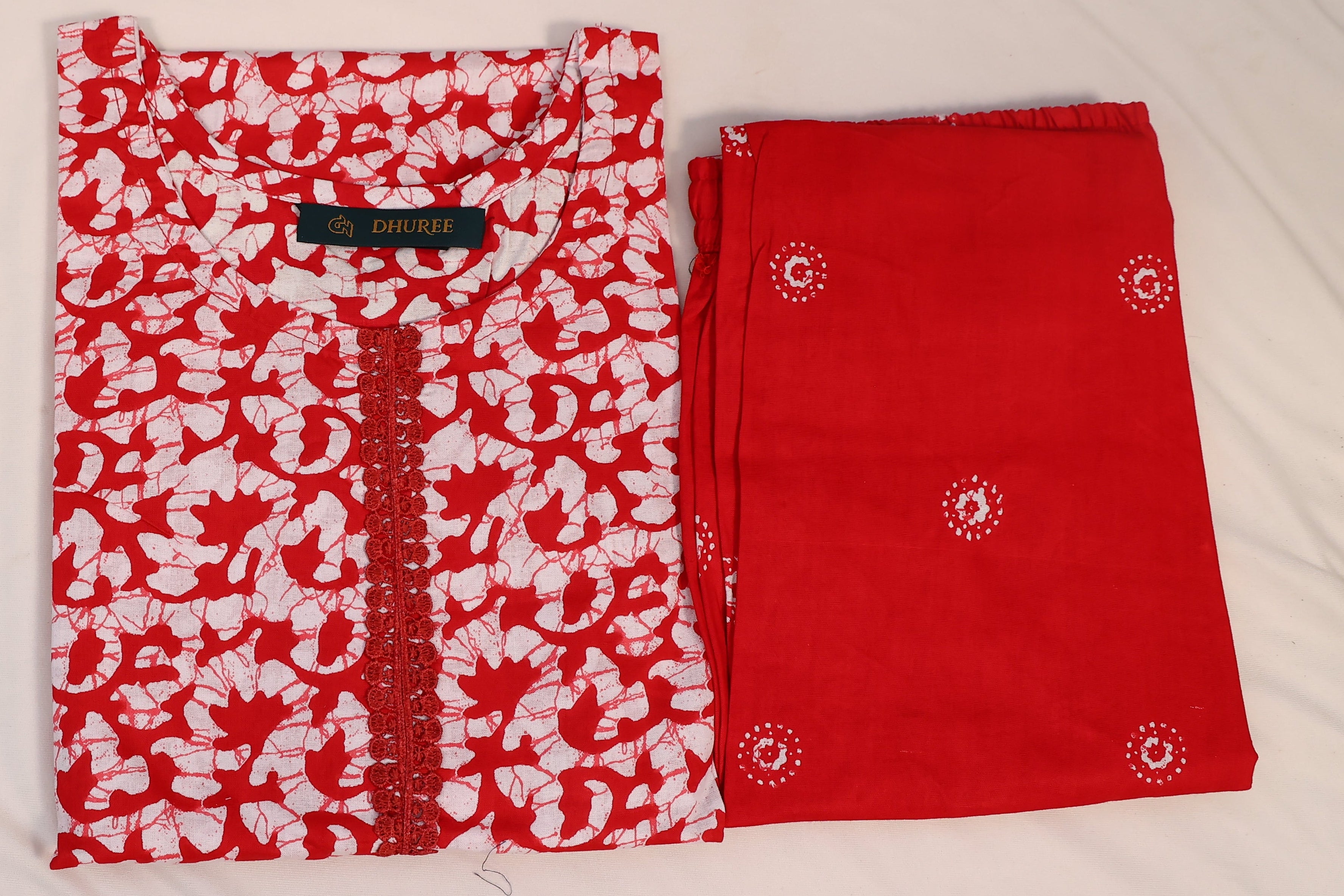 Printed Regular Pure Cotton Red Kurta with Trouser.