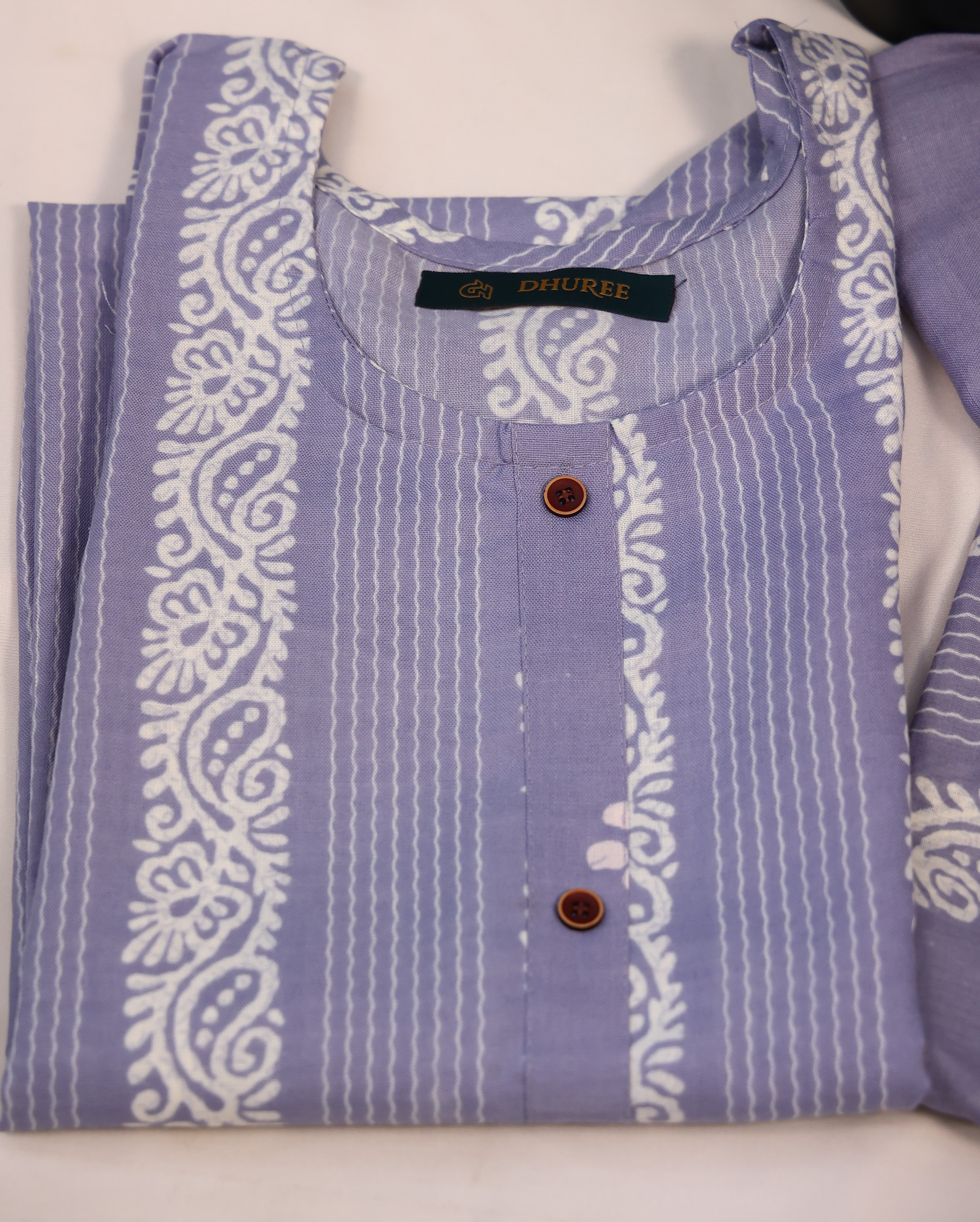 Floral Printed Panelled Round Neck pure blue Cotton Kurta With Pant & Dupatta