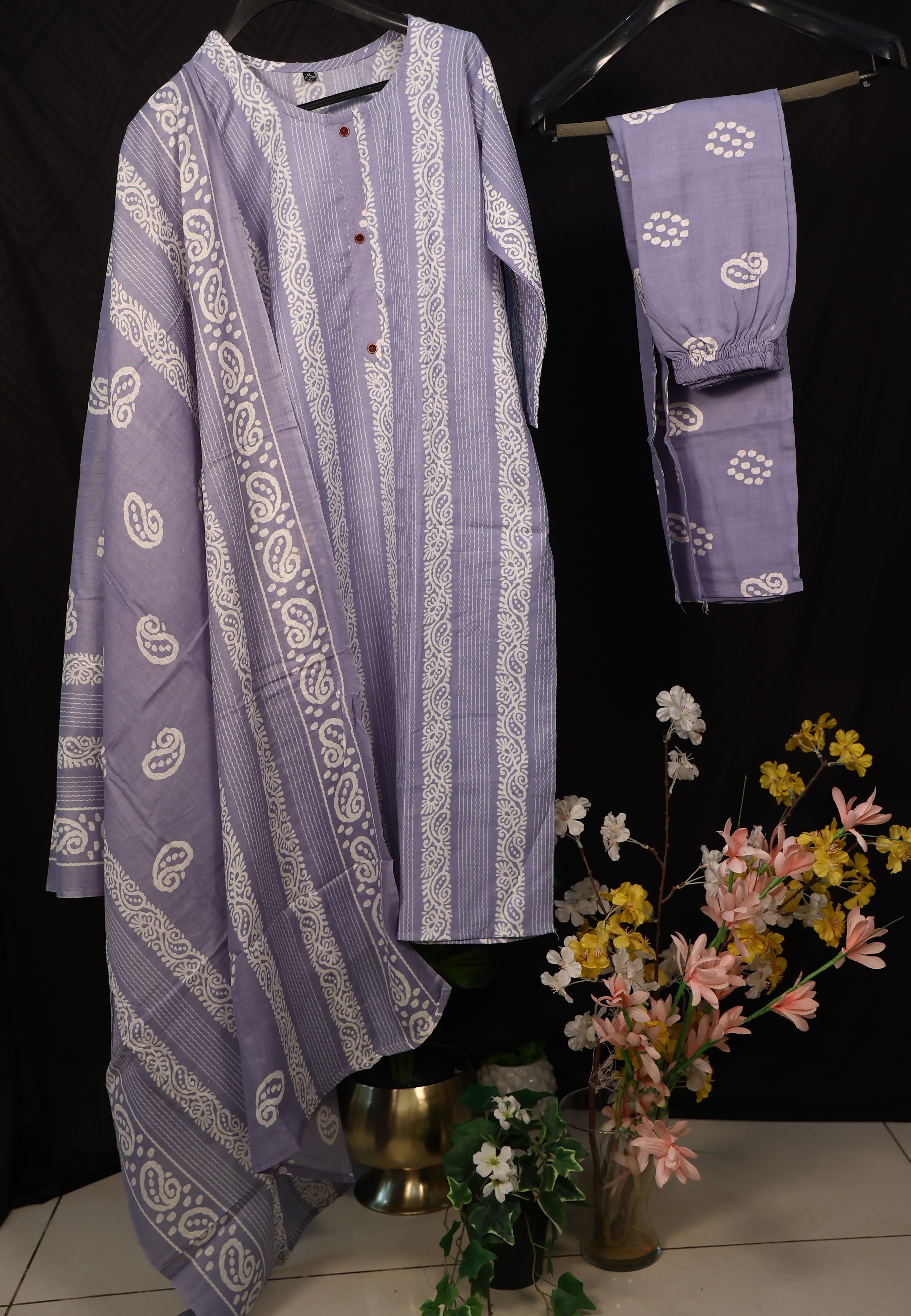 Floral Printed Panelled Round Neck pure blue Cotton Kurta With Pant & Dupatta