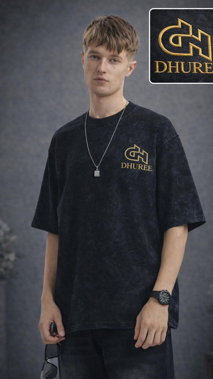Acid Wash Black Premium Cotton Over sized T Shirt for Men with Logo Embroidery