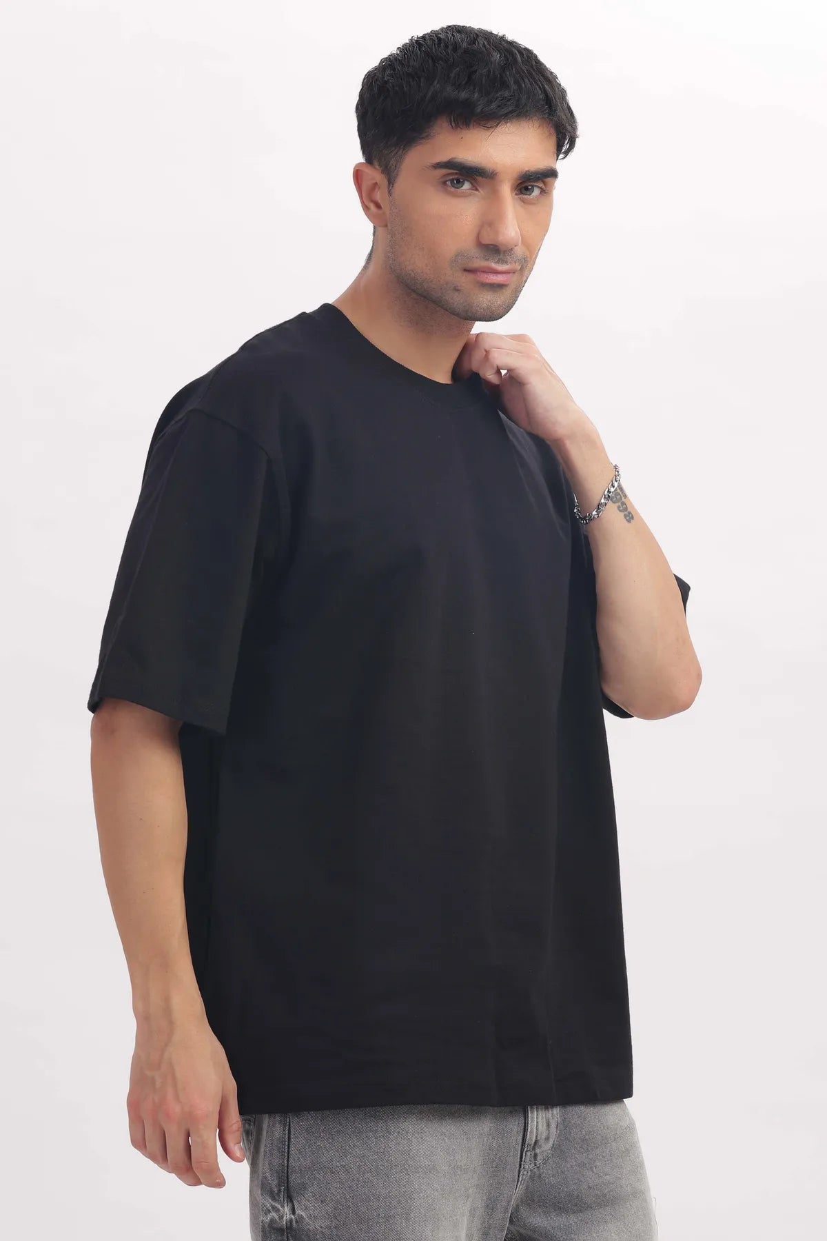 Plain Black Mens Round Neck Solid Oversized T-shirt