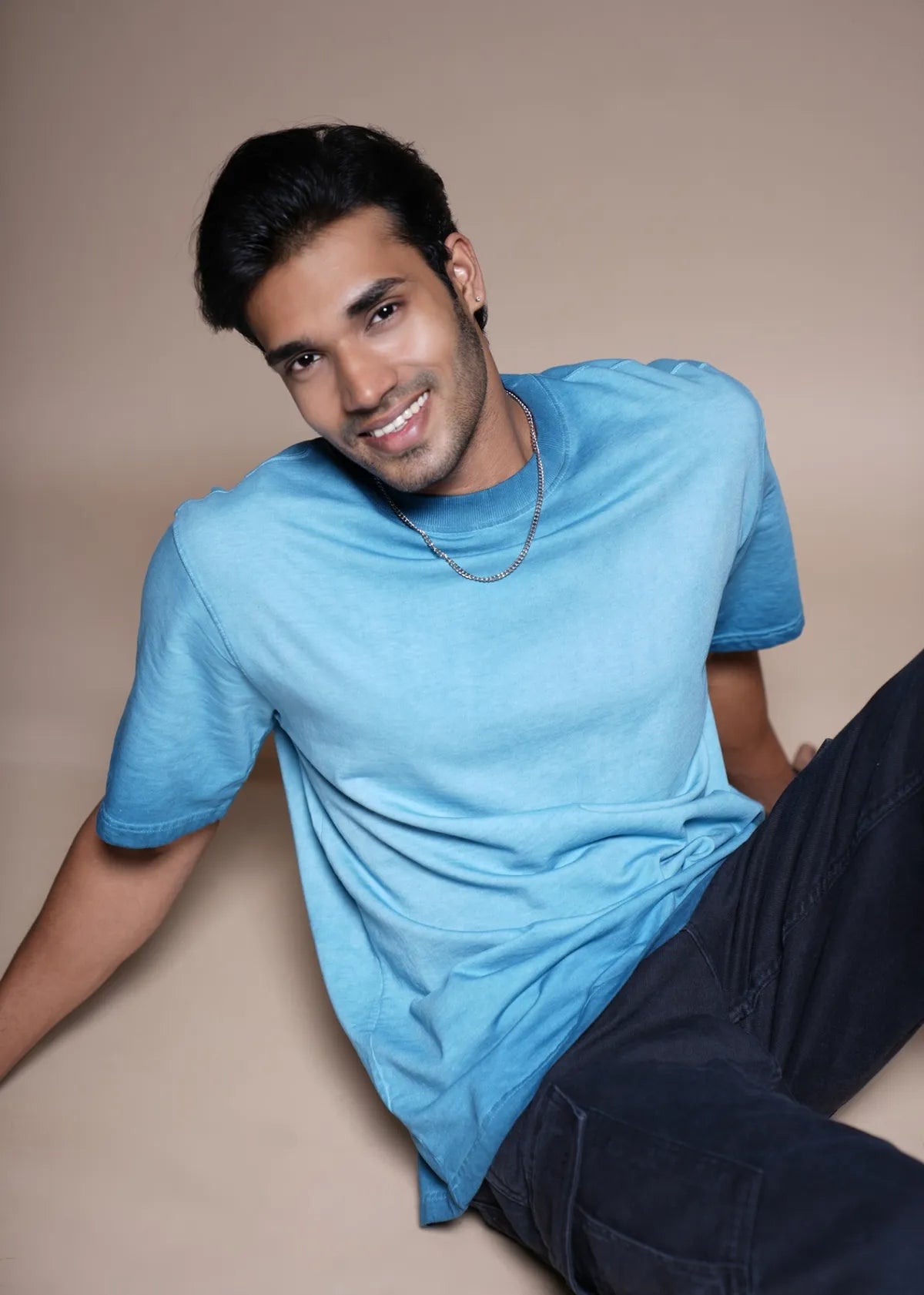 Sun Faded Wash Blue Over Size T shirt with Logo Embroidery.