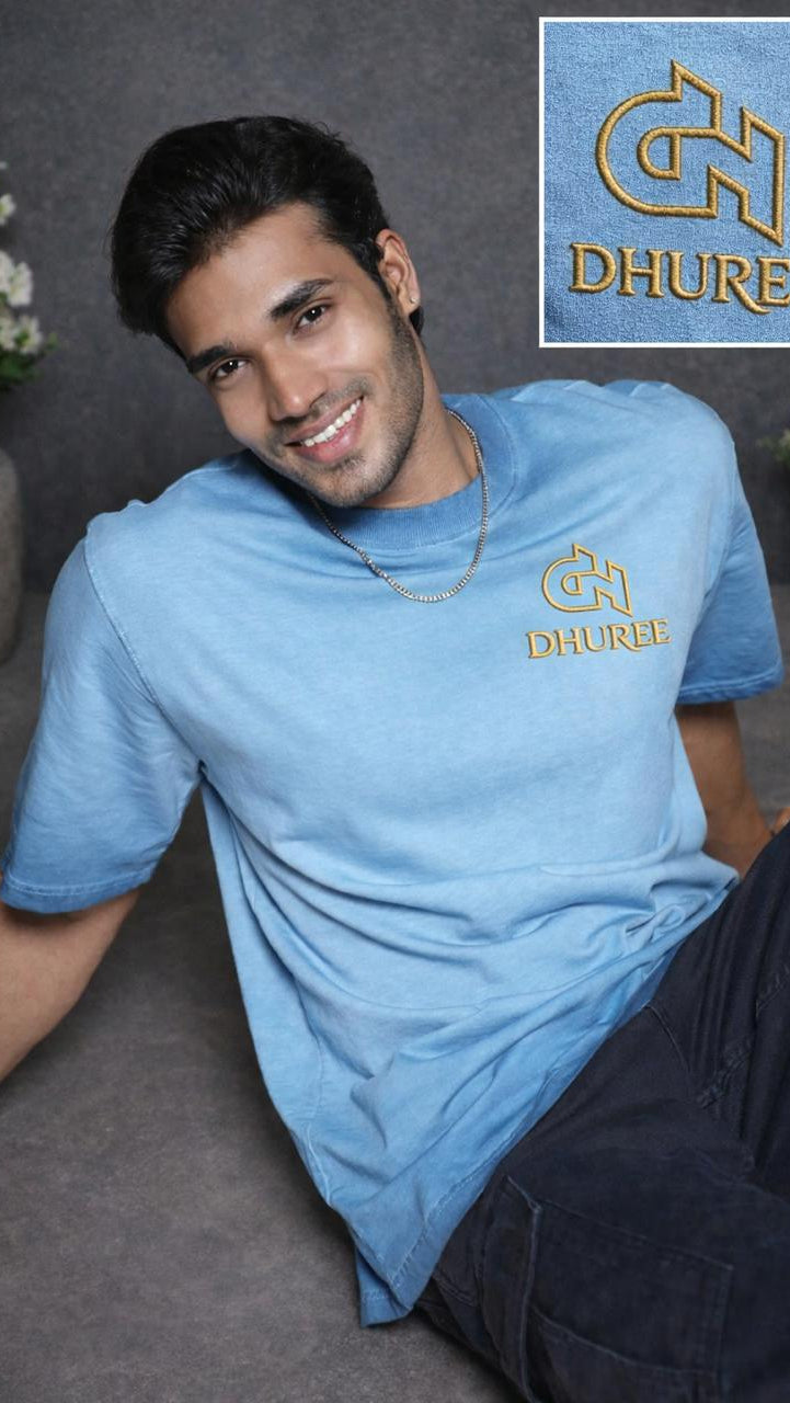 Sun Faded Wash Blue Over Size T shirt with Logo Embroidery.