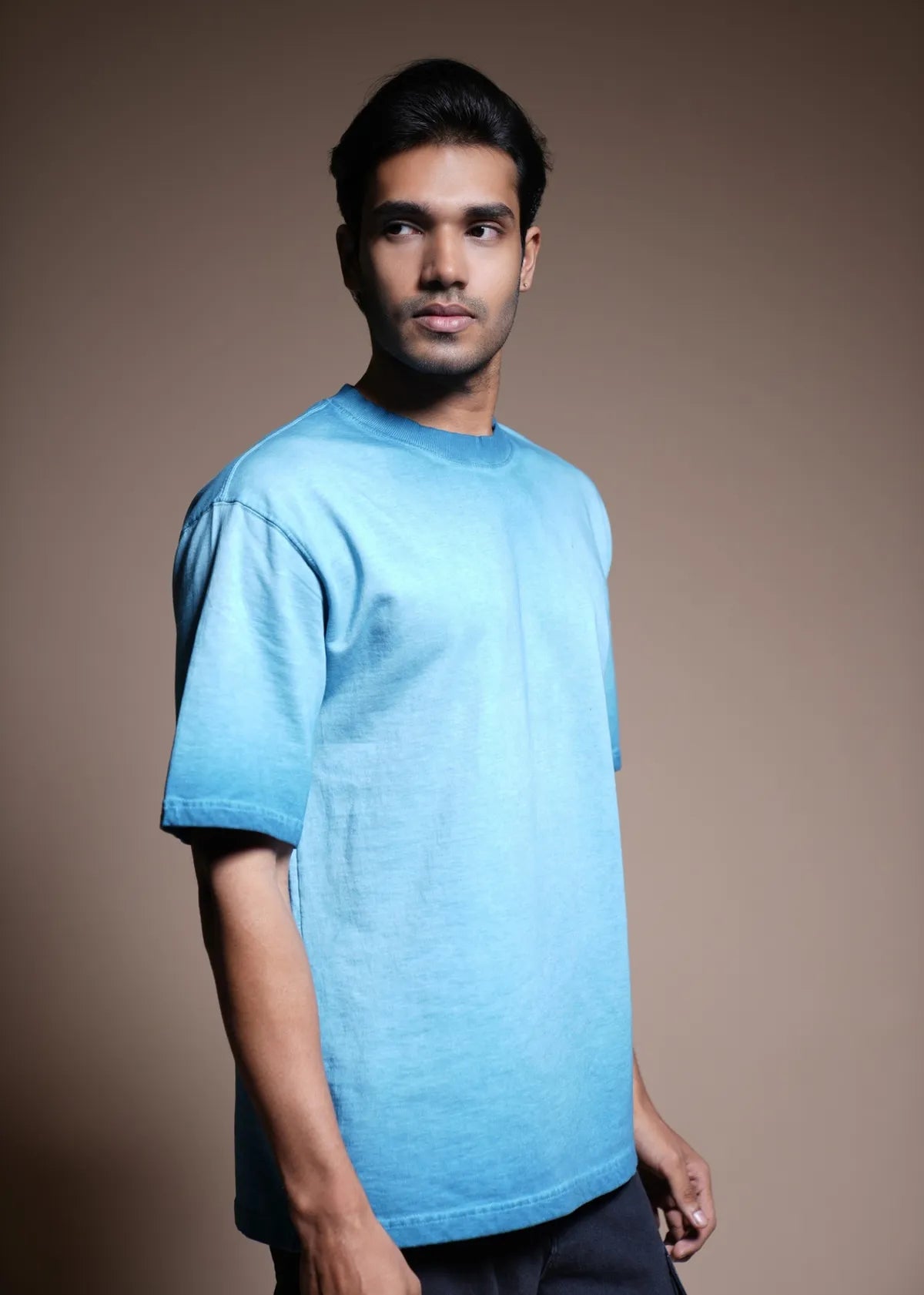 Sun Faded Wash Blue Over Size T shirt with Logo Embroidery.