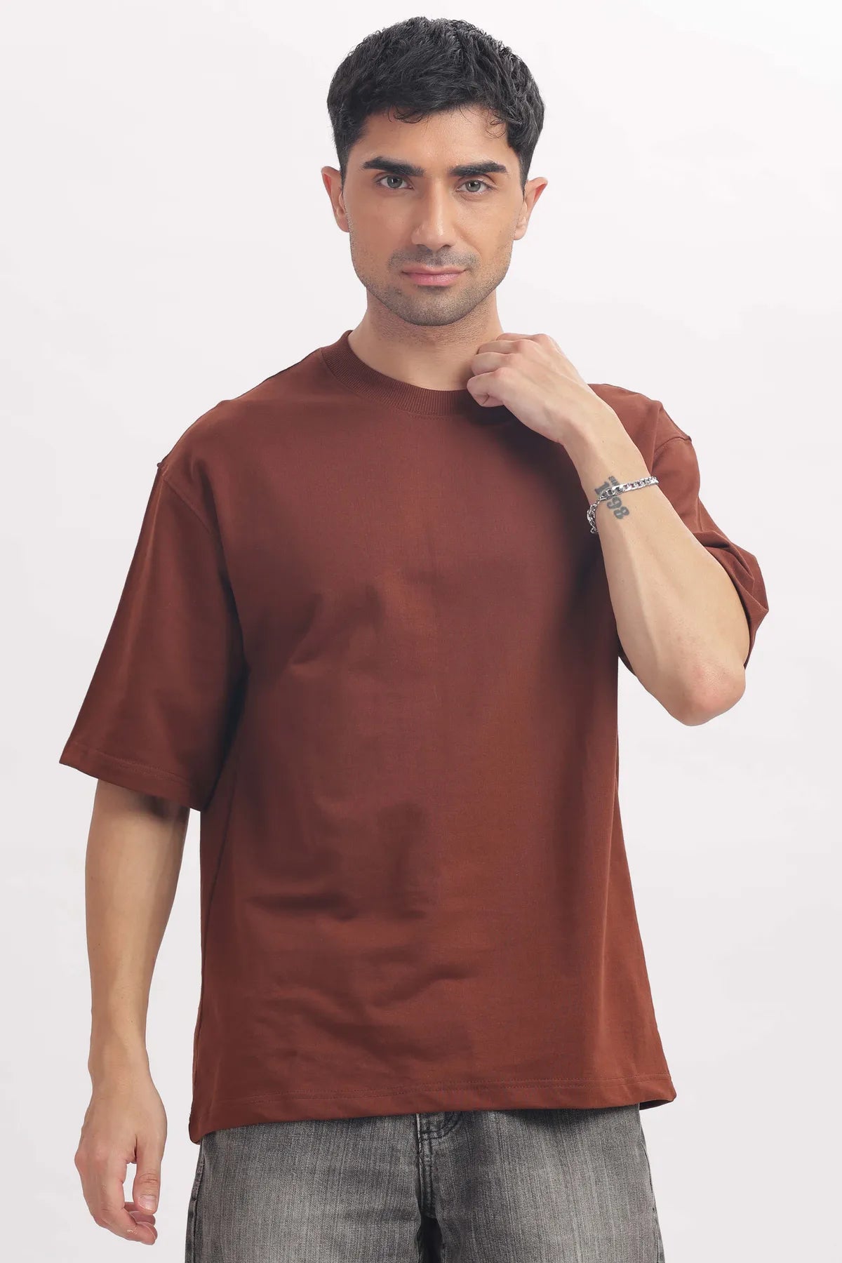 Plain Brown Mens Round Neck Solid Oversized T-shirt