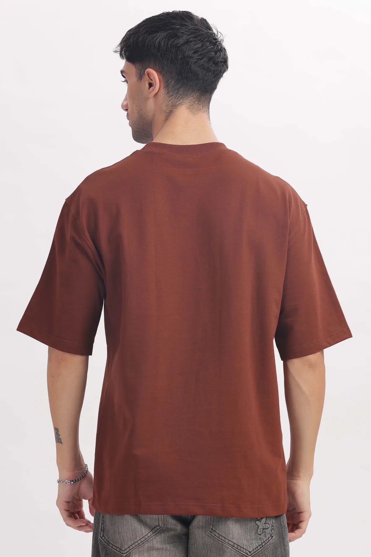 Brown Mens Round Neck Solid Oversized T-shirt with Logo Embroidery.