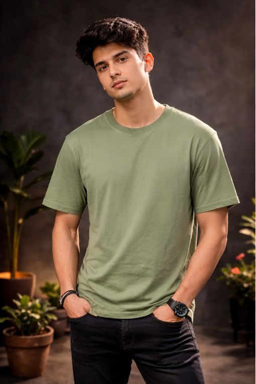 Olive green Mens Round Neck Solid Oversized T-shirt with Logo Embroidery.
