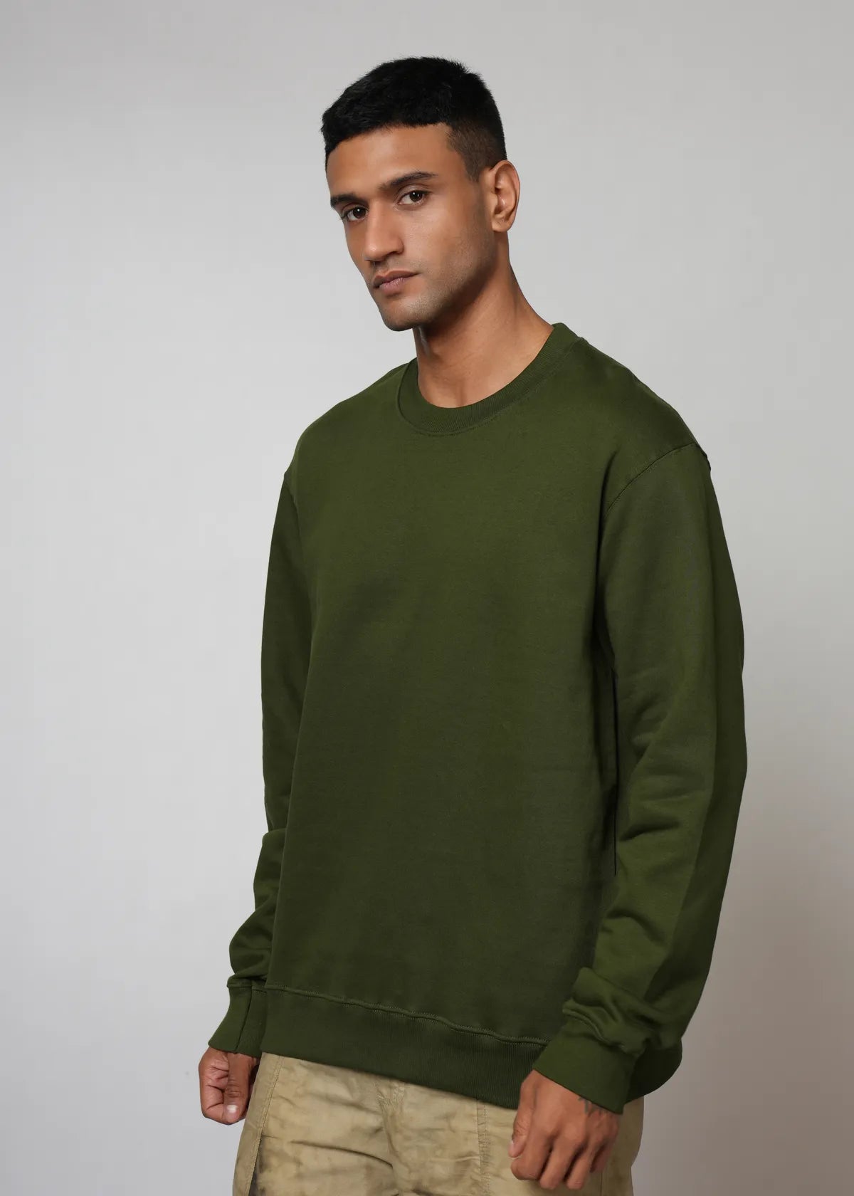 Plain Olive green Relaxed Fit Sweatshirt for Unisex