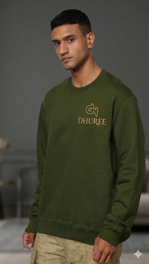 Olive green Relaxed Fit Sweatshirt for Unisex with Logo Embroidery.