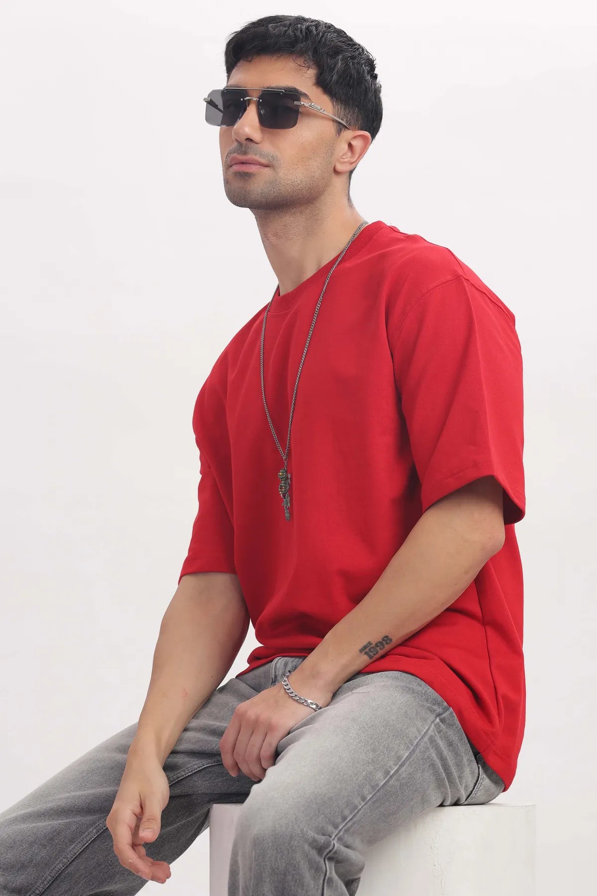 Plain Red Mens Oversized /drop shoulder double silicon wash( Bio washed)