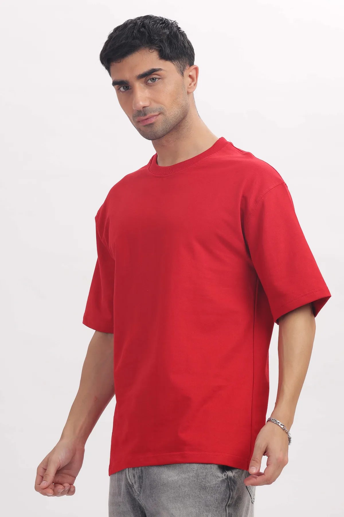 Plain Red Mens Oversized /drop shoulder double silicon wash( Bio washed)