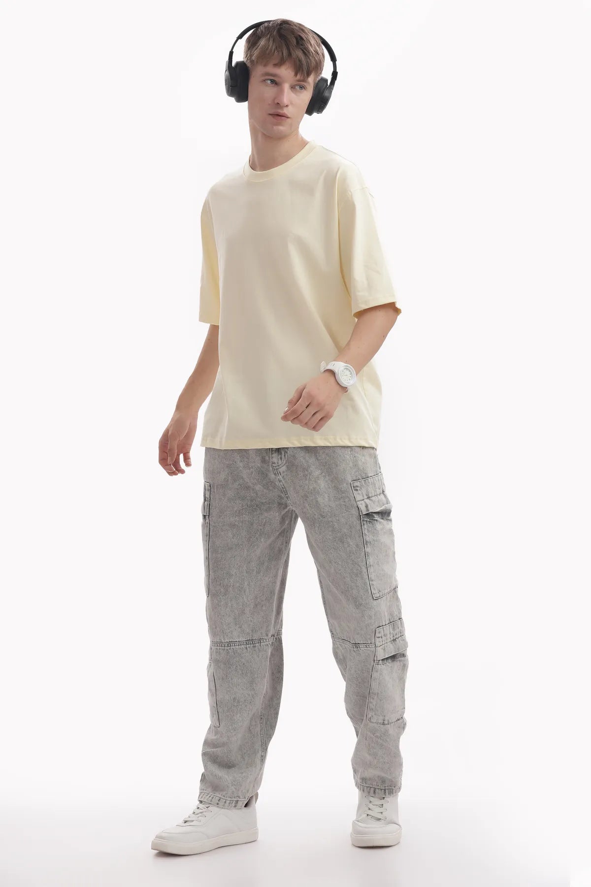 Stone Beige Mens Oversized /drop shoulderdouble silicon wash( biowashed) with Logo Embroidery