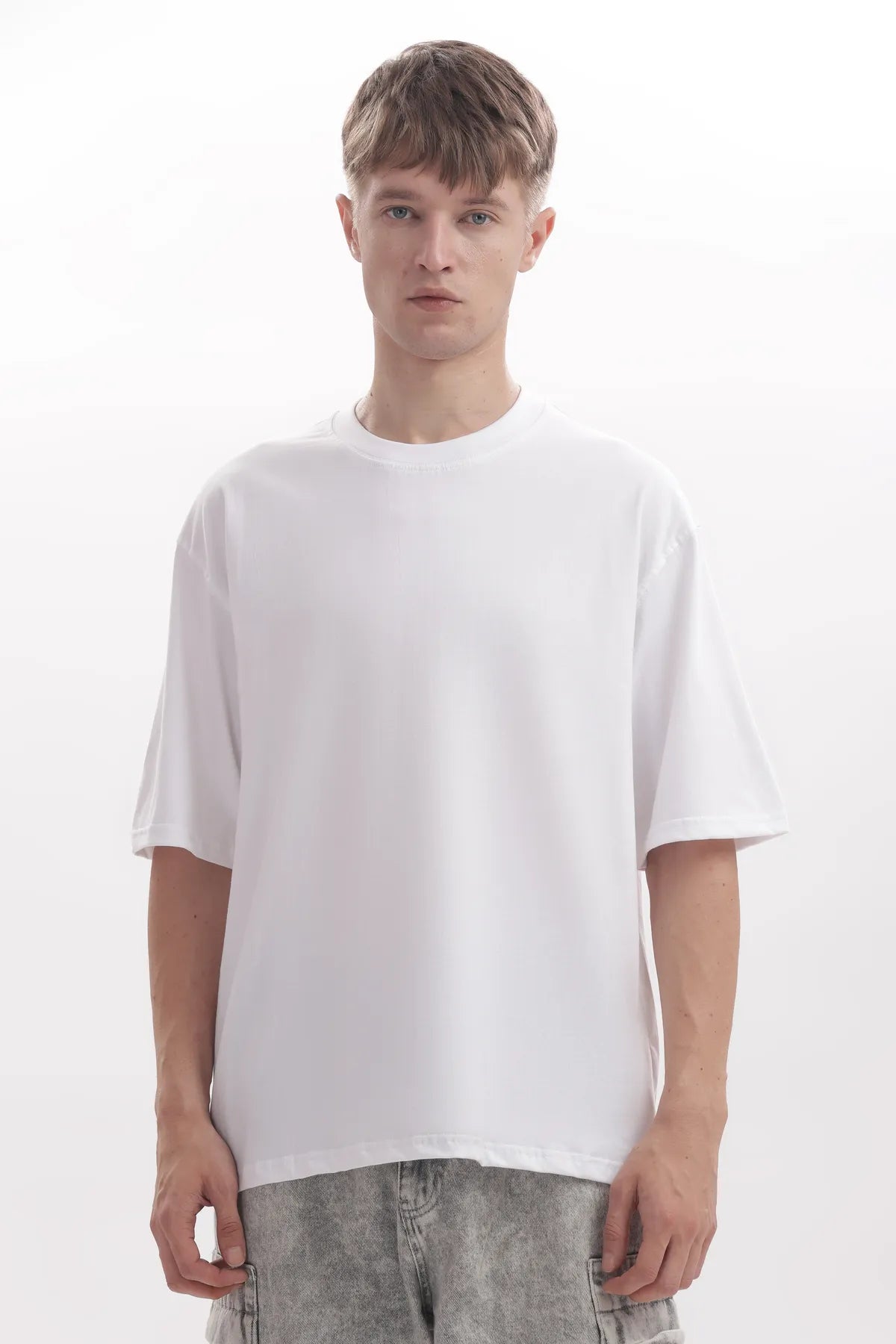 White Men`s Round Neck Solid Oversized T-shirt with Logo Embroidery.