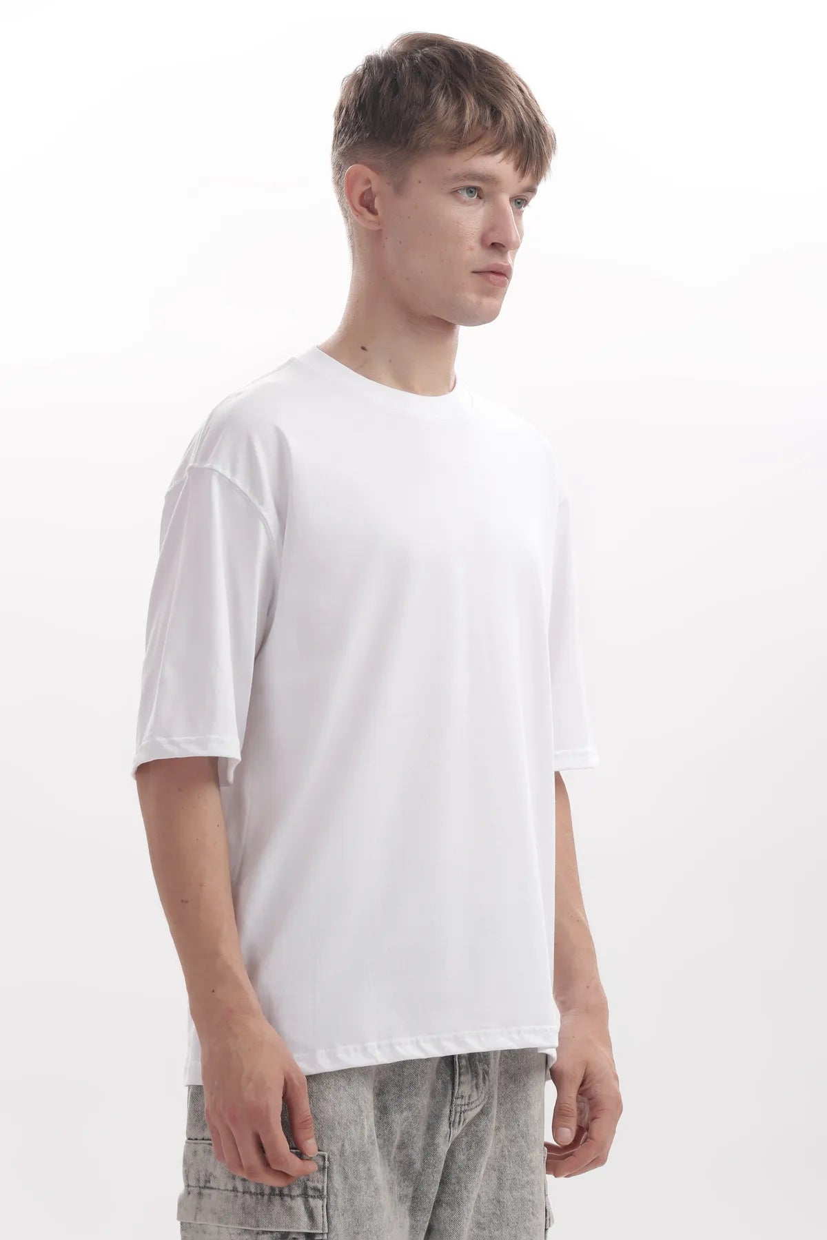 White Mens Oversized /drop shoulder double silicon wash( biowashed)-with Logo Embroidery.