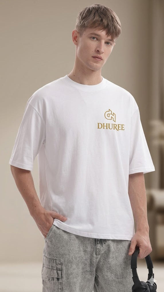 White Β Mens Oversized /drop shoulder double silicon wash( biowashed)-with Logo Embroidery.
