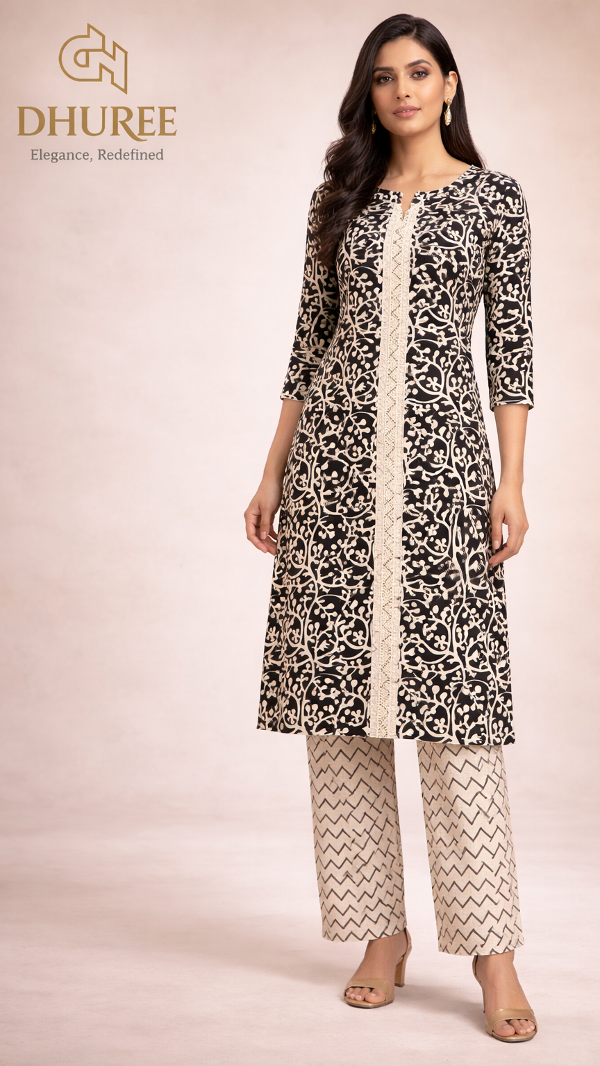 Printed Regular Pure Cotton black Kurta with Trousers.
