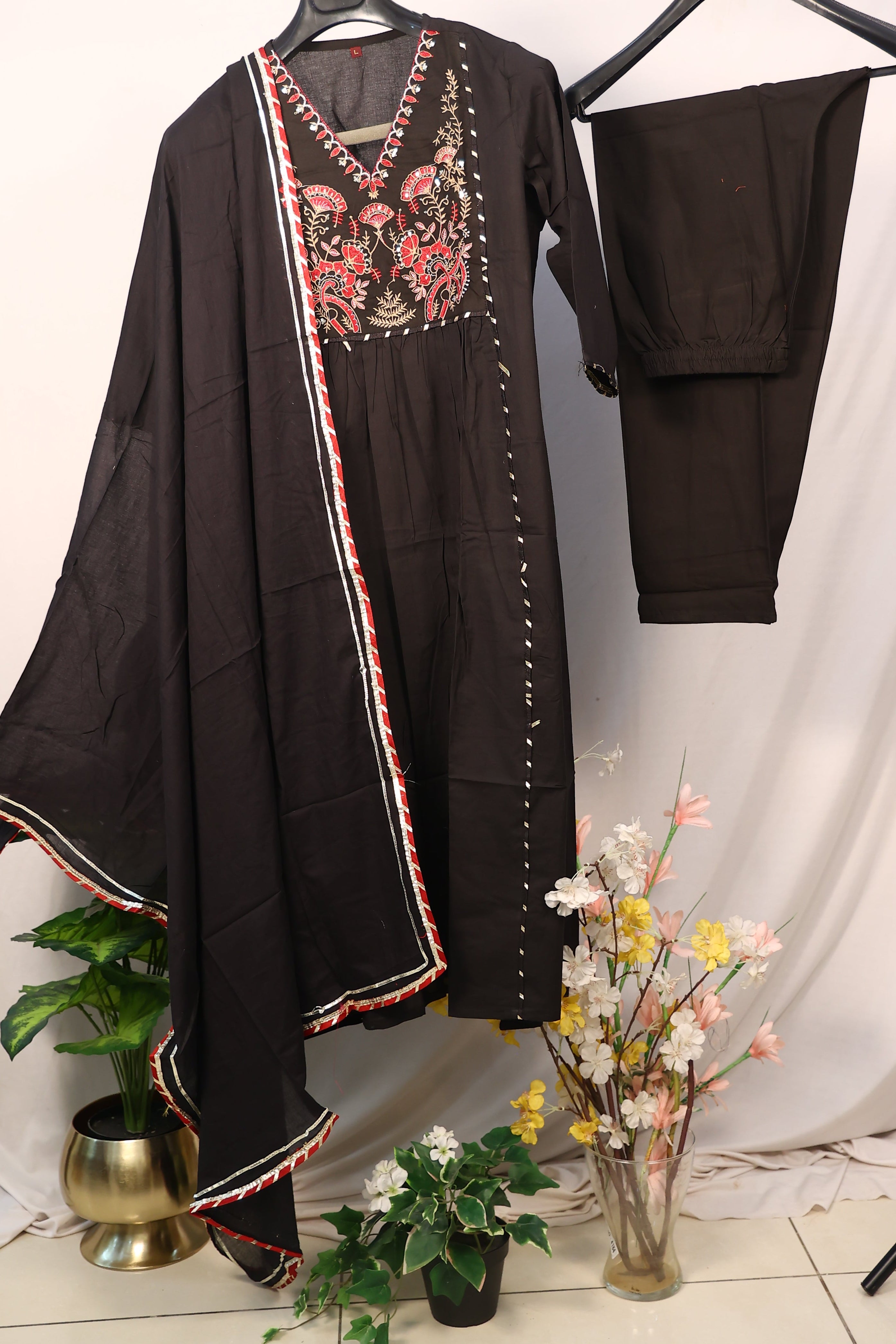 Black Pure Cotton Printed Straight Kurta Pant Set