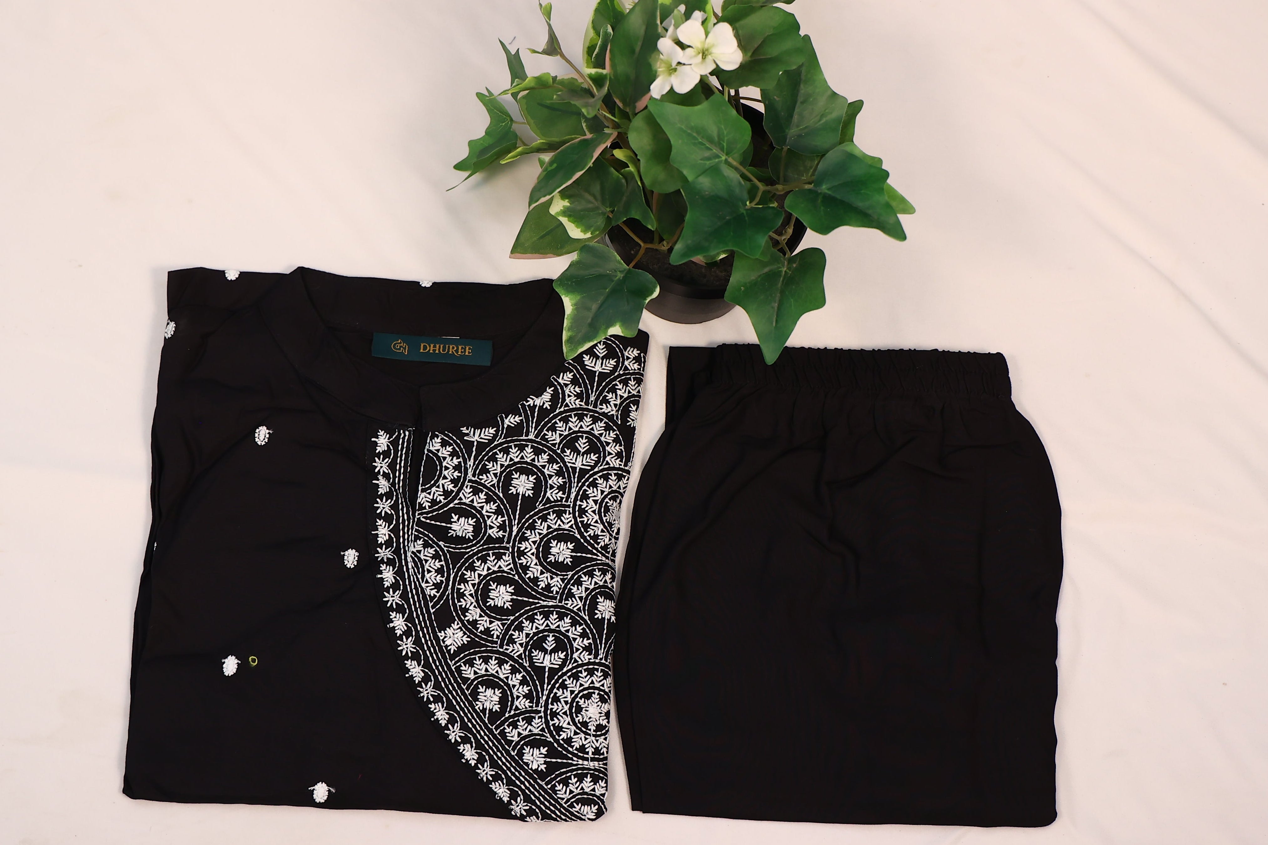 Black Pure Cotton Printed Straight Kurta Pant Set