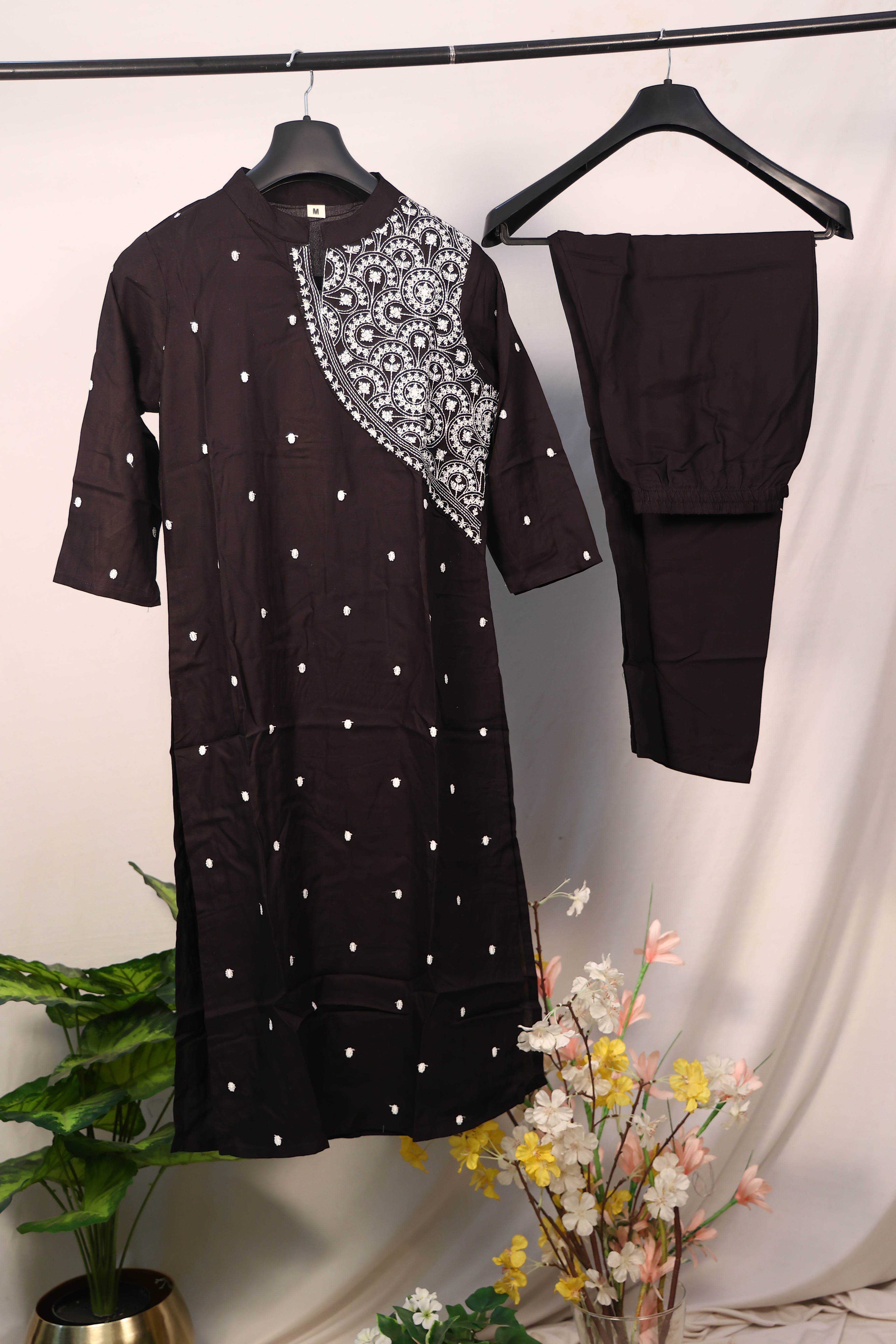 Black Pure Cotton Printed Straight Kurta Pant Set