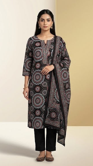 Black Cotton Printed Dupatta & Kurta Set