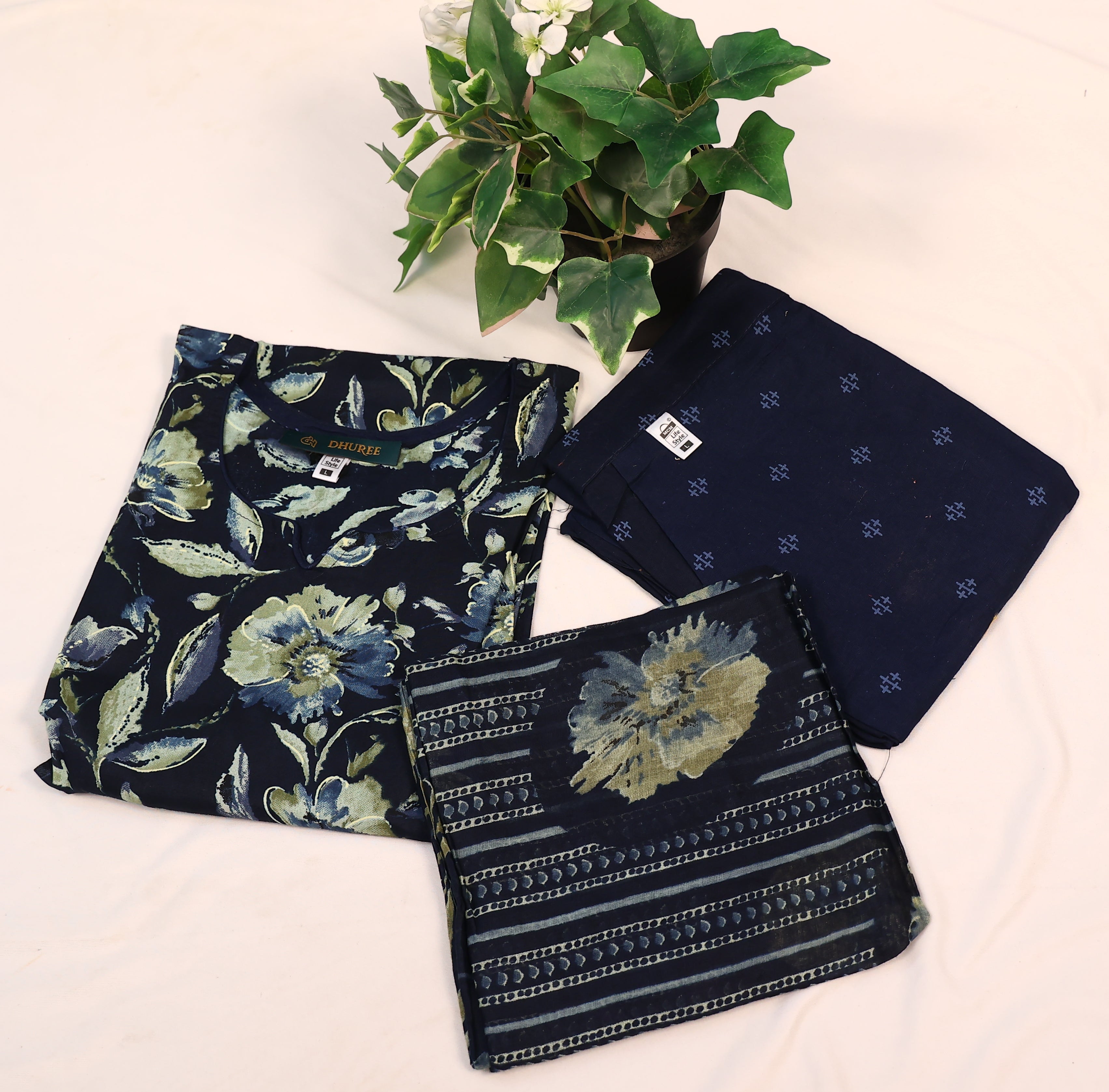 Navy Blue Printed Cotton Kurta Set With Dupatta