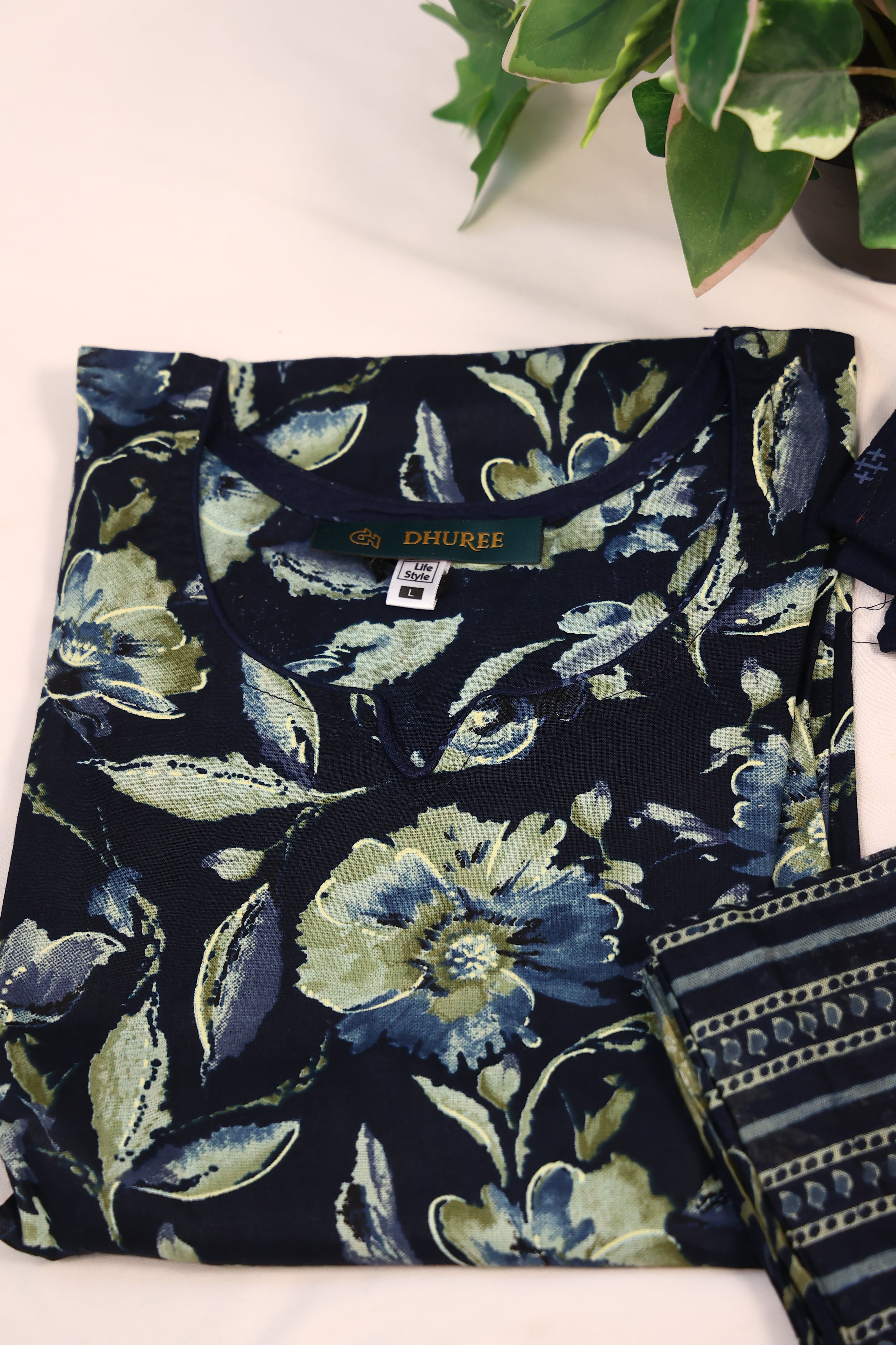 Navy Blue Printed Cotton Kurta Set With Dupatta
