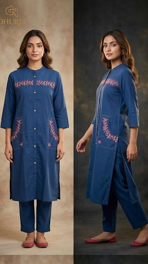 Two sided pocket embroidery blue kurti set with pant for office look