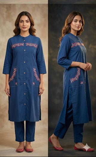 Two sided pocket embroidery blue kurti set with pant for office look