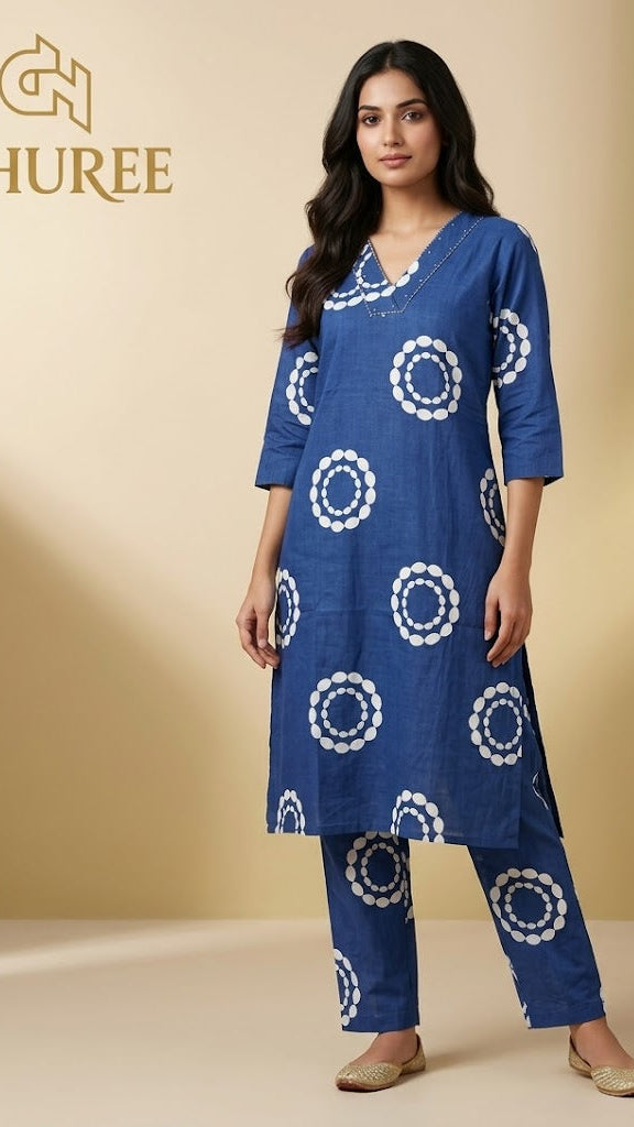 Pure cotton printed blue kurti set with pant for office look