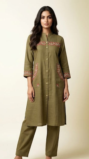 Two sided pocket embroidery olive green kurti set with pant for office look
