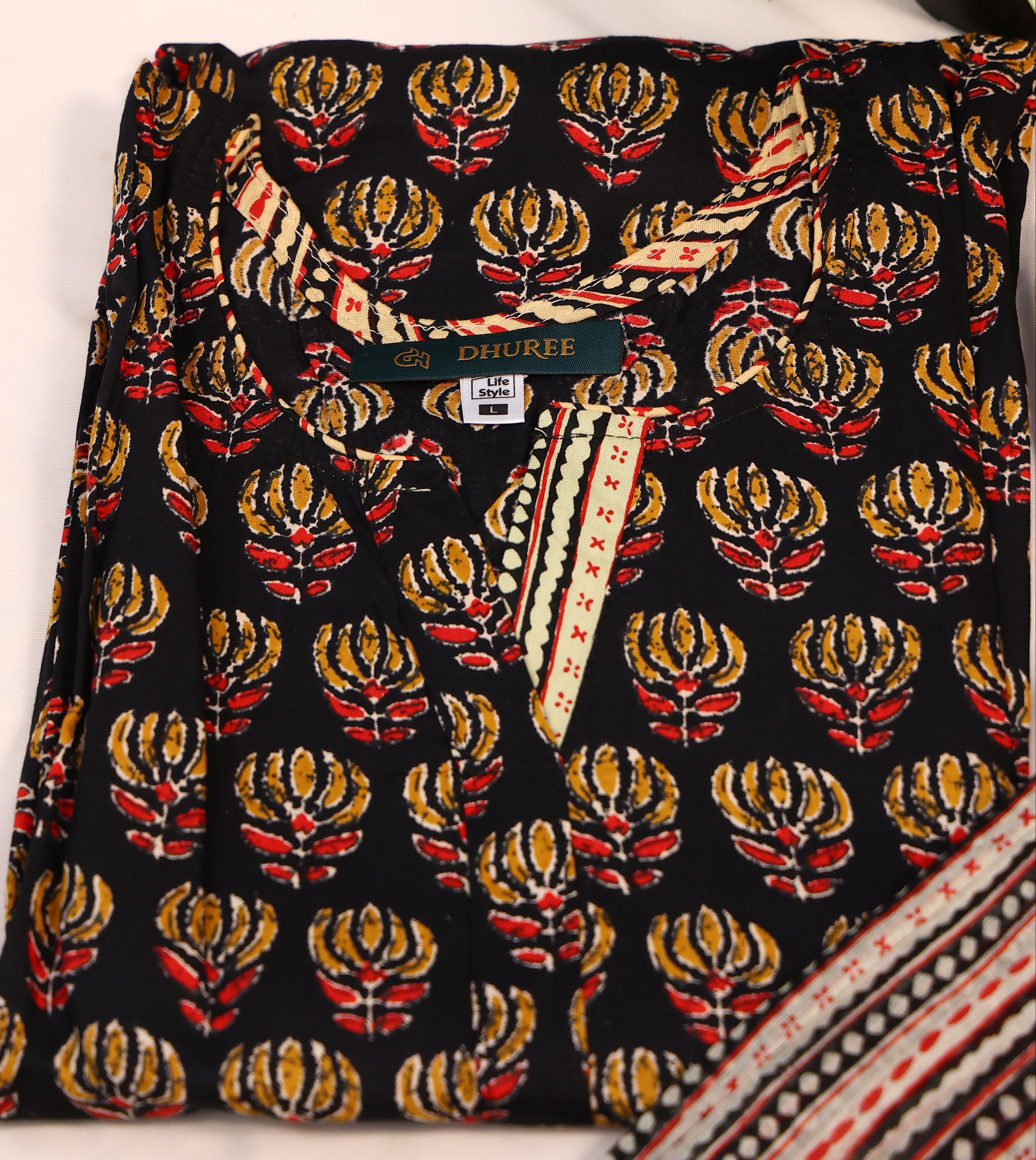 Black Printed Cotton Kurta Set With Dupatta