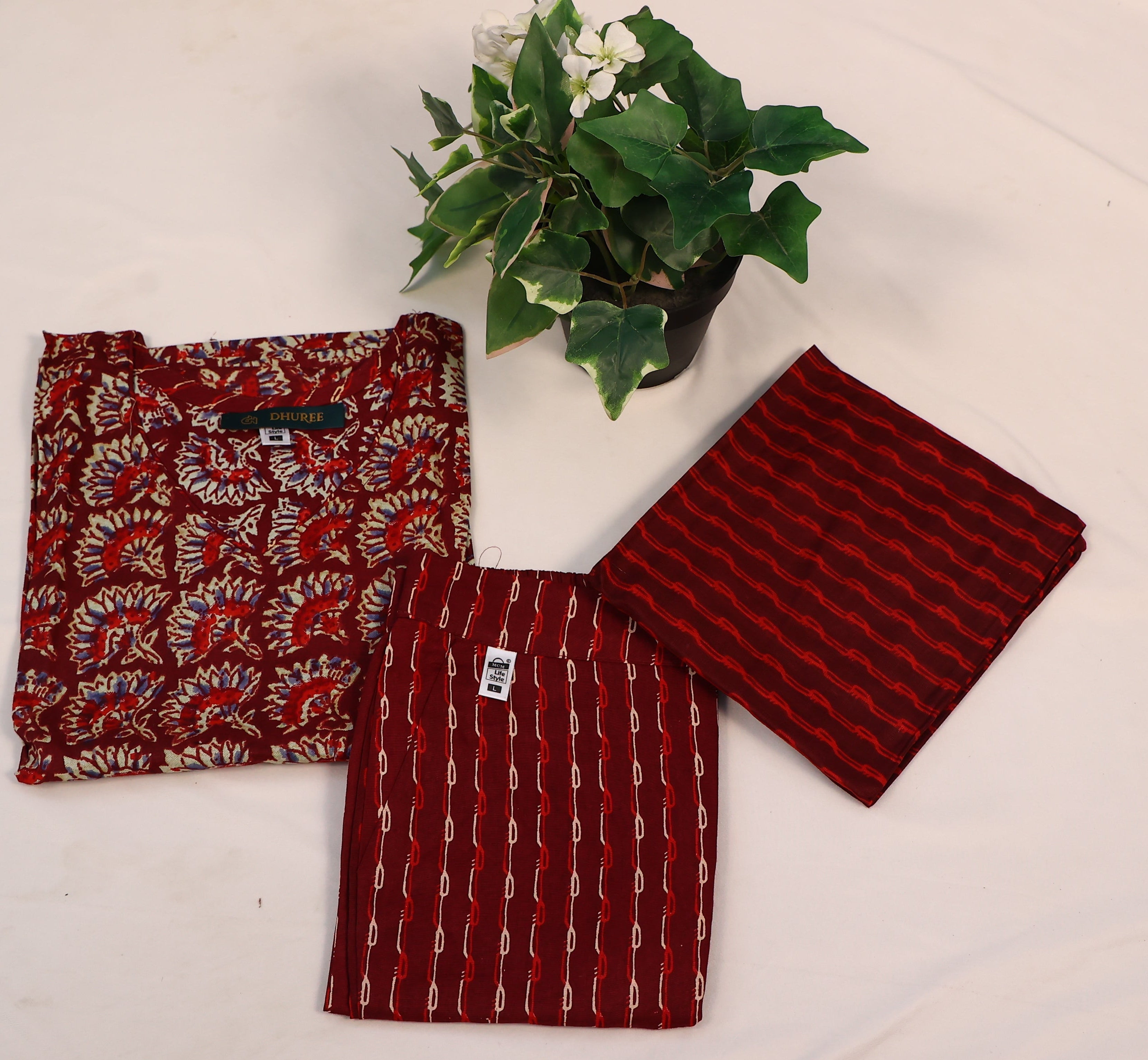 Brown Cotton Printed Dupatta, Pant & Kurta Set