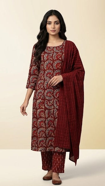Brown Cotton Printed Dupatta, Pant & Kurta Set