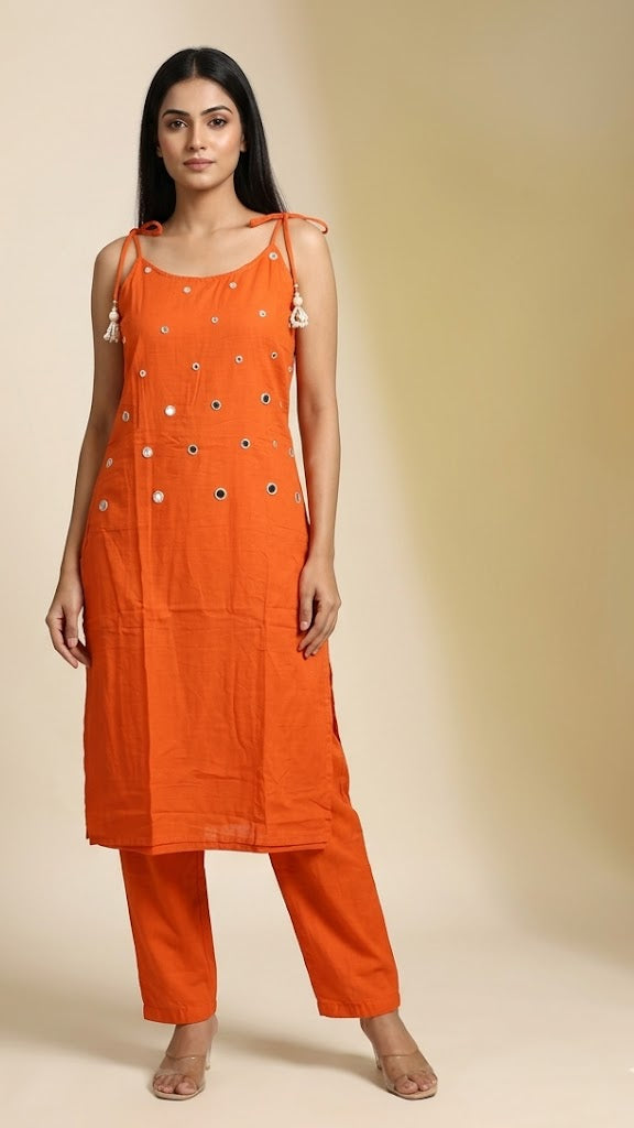 Orange Cotton Printed Straight Kurta Set