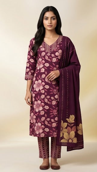 Purple Round-Neck Cotton Kurta Set