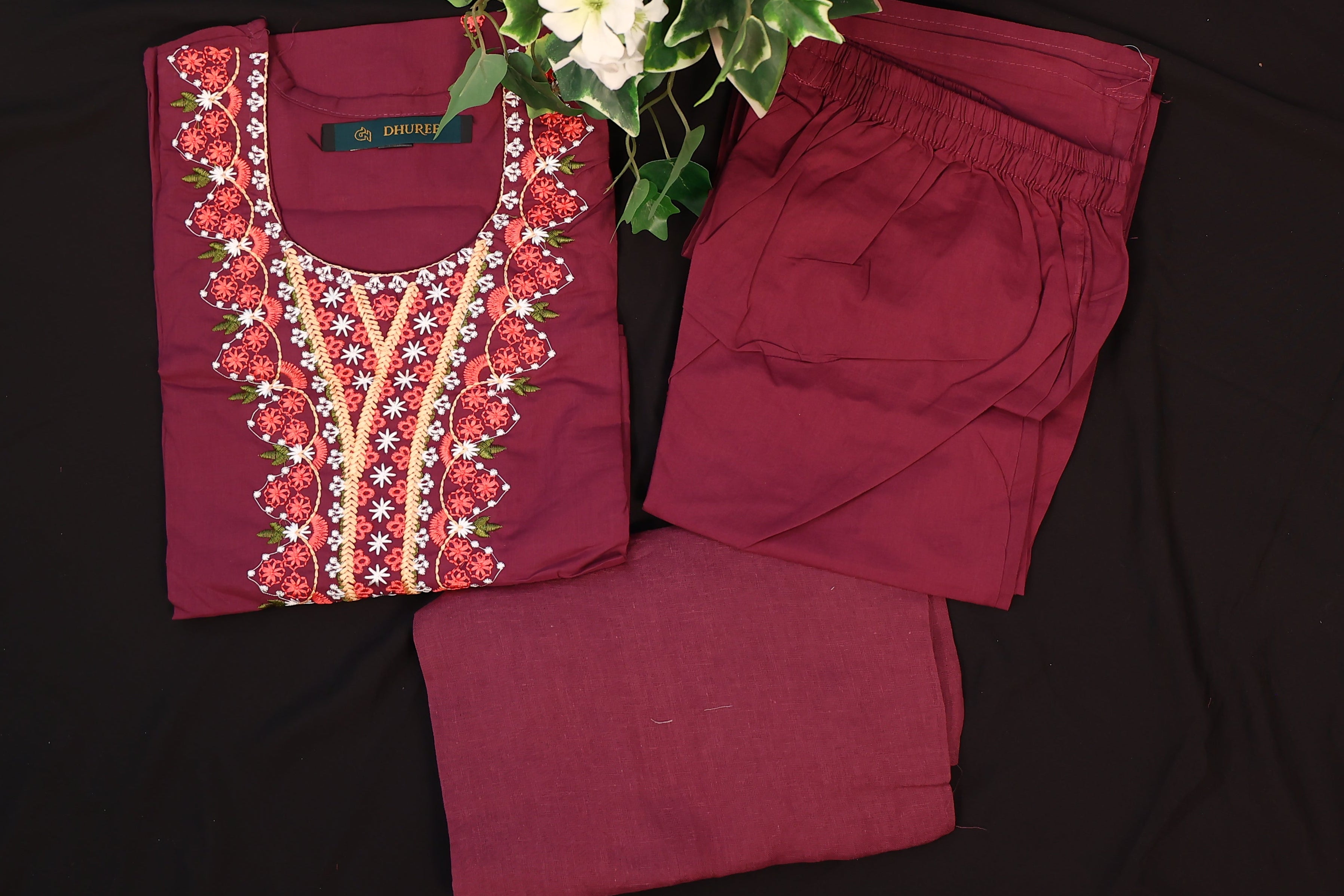Embroidered Soft Cotton Floral Straight Maroon Kurta Set