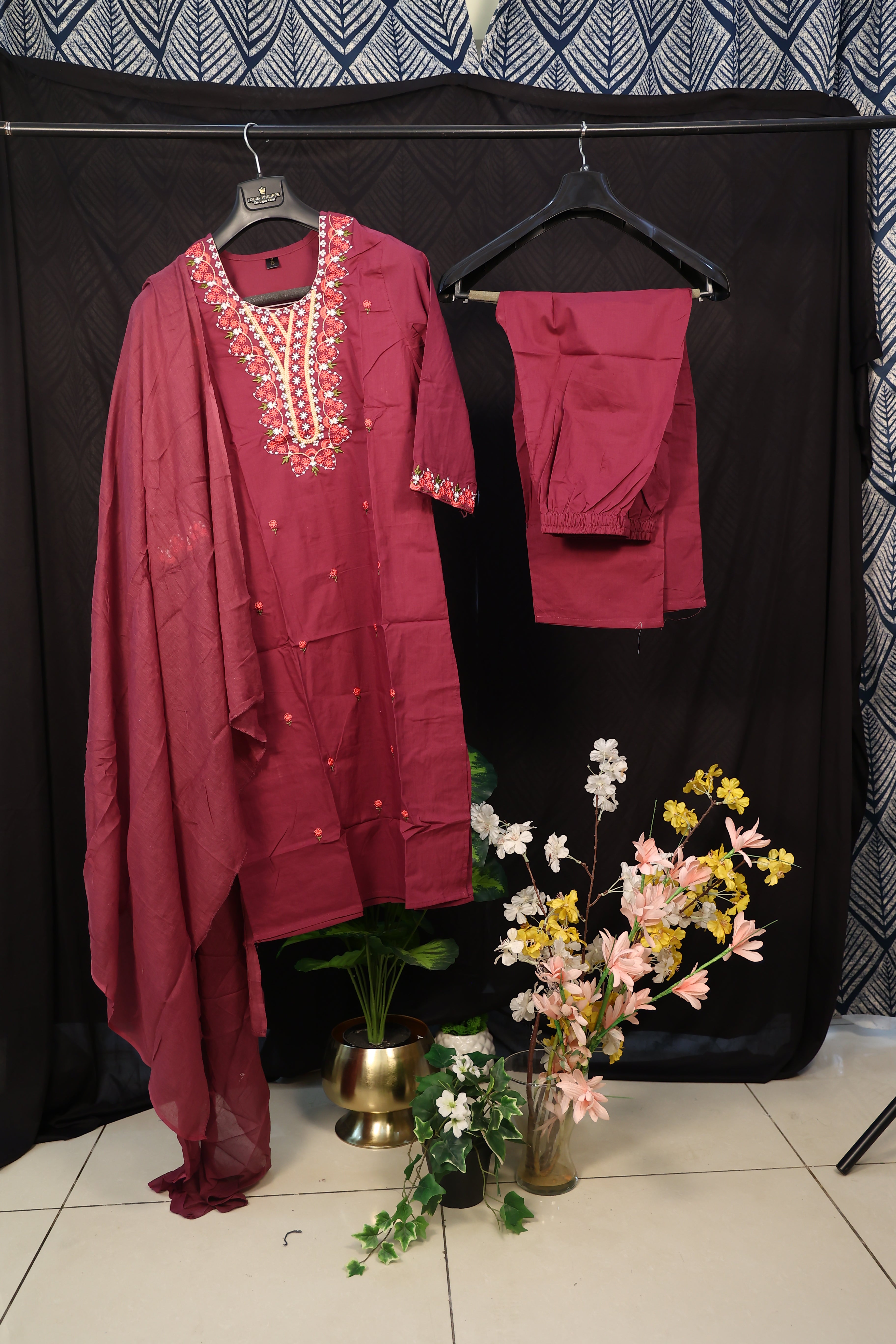 Embroidered Soft Cotton Floral Straight Maroon Kurta Set