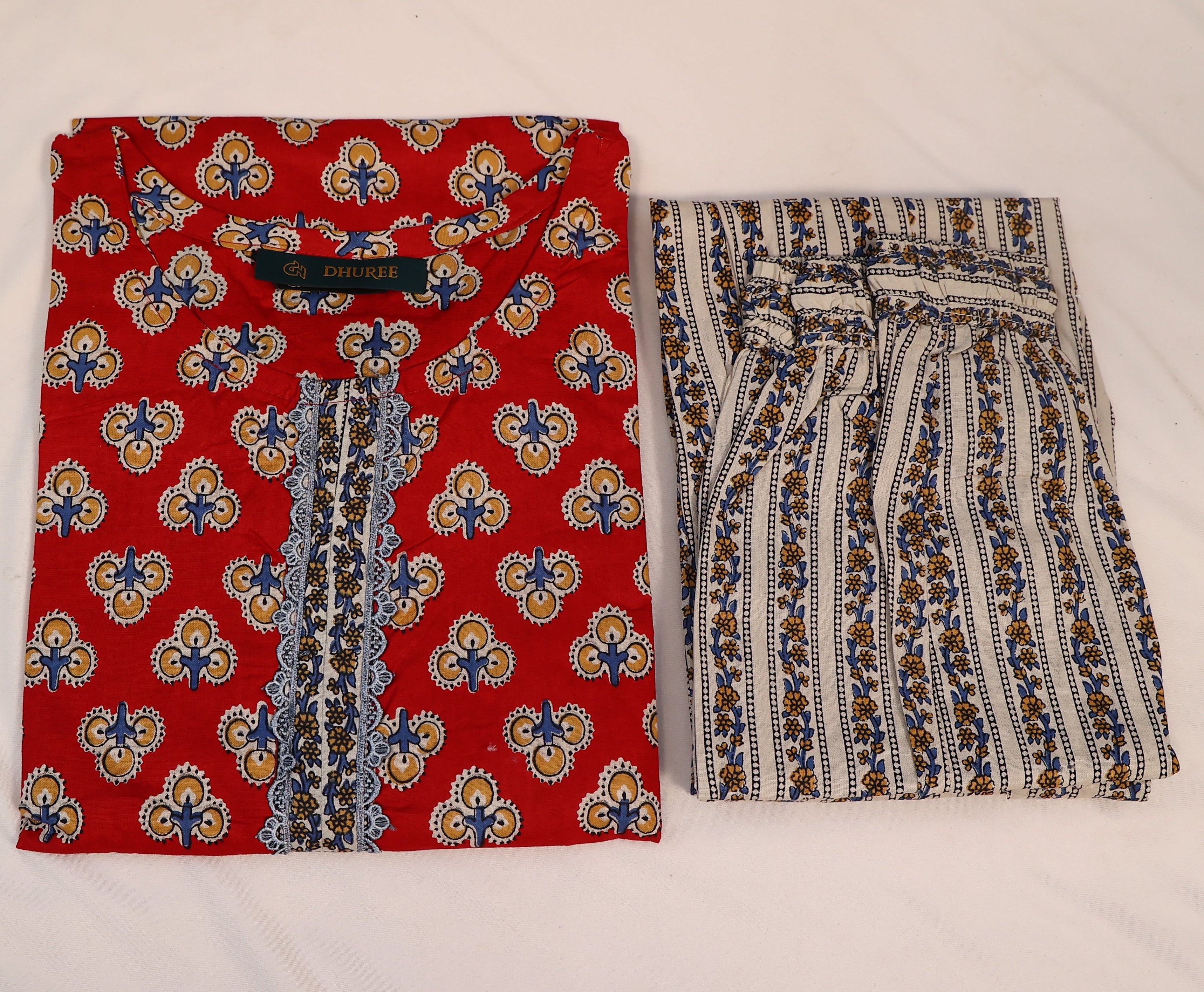 Red Cotton Bagru Printed Slim Fit Dupatta & Kurta Set