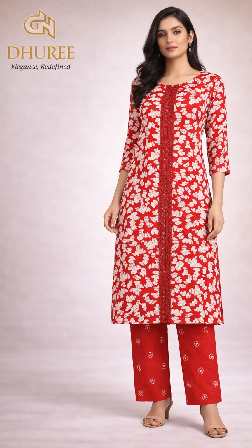 Printed Regular Pure Cotton Red Kurta with Trouser.