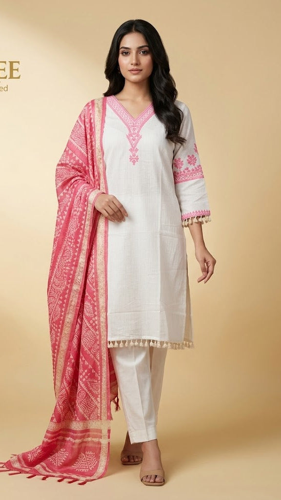 White and Pink Printed Khadi Cotton Kurta Set
