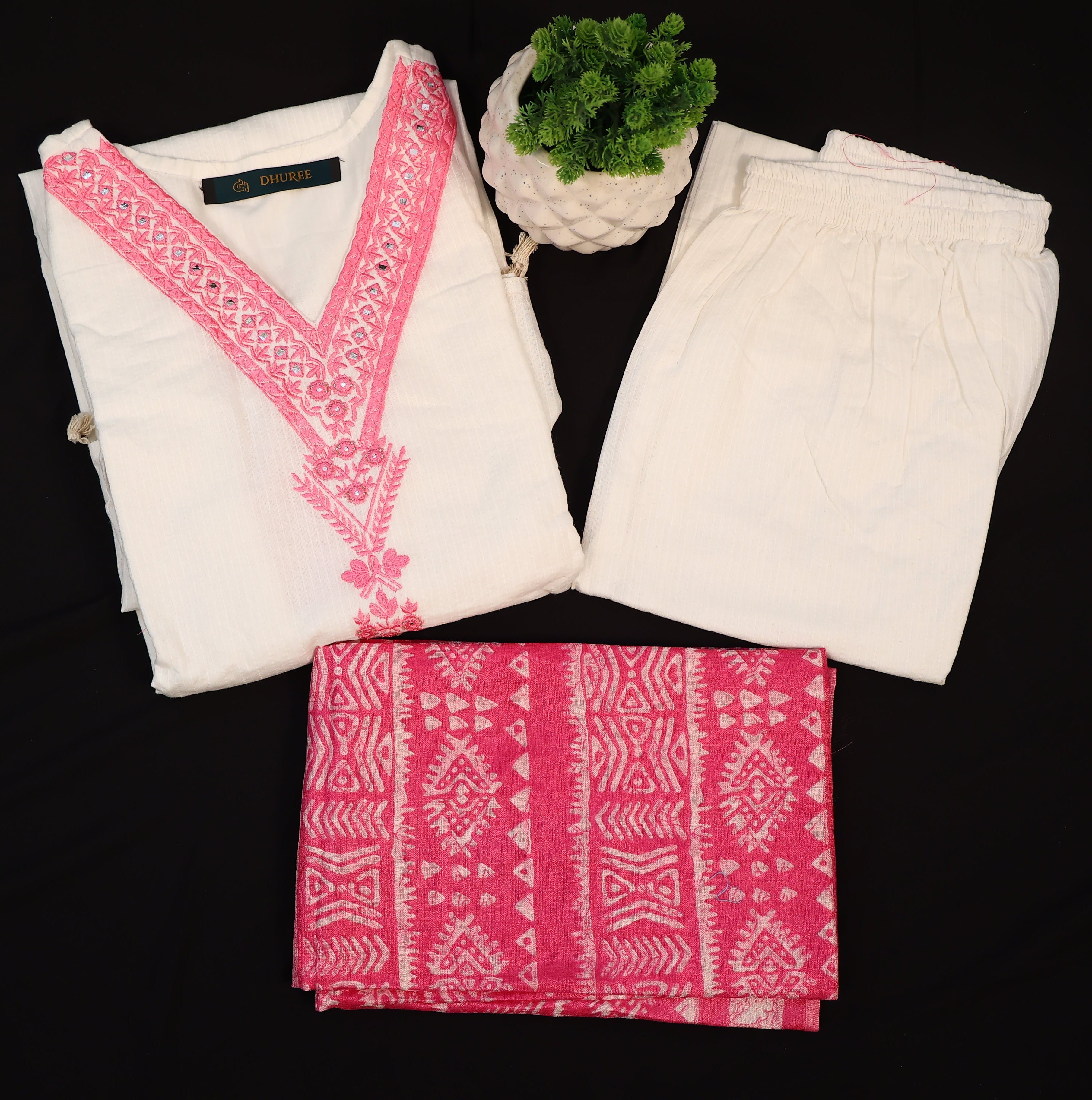 White and Pink Printed Khadi Cotton Kurta Set