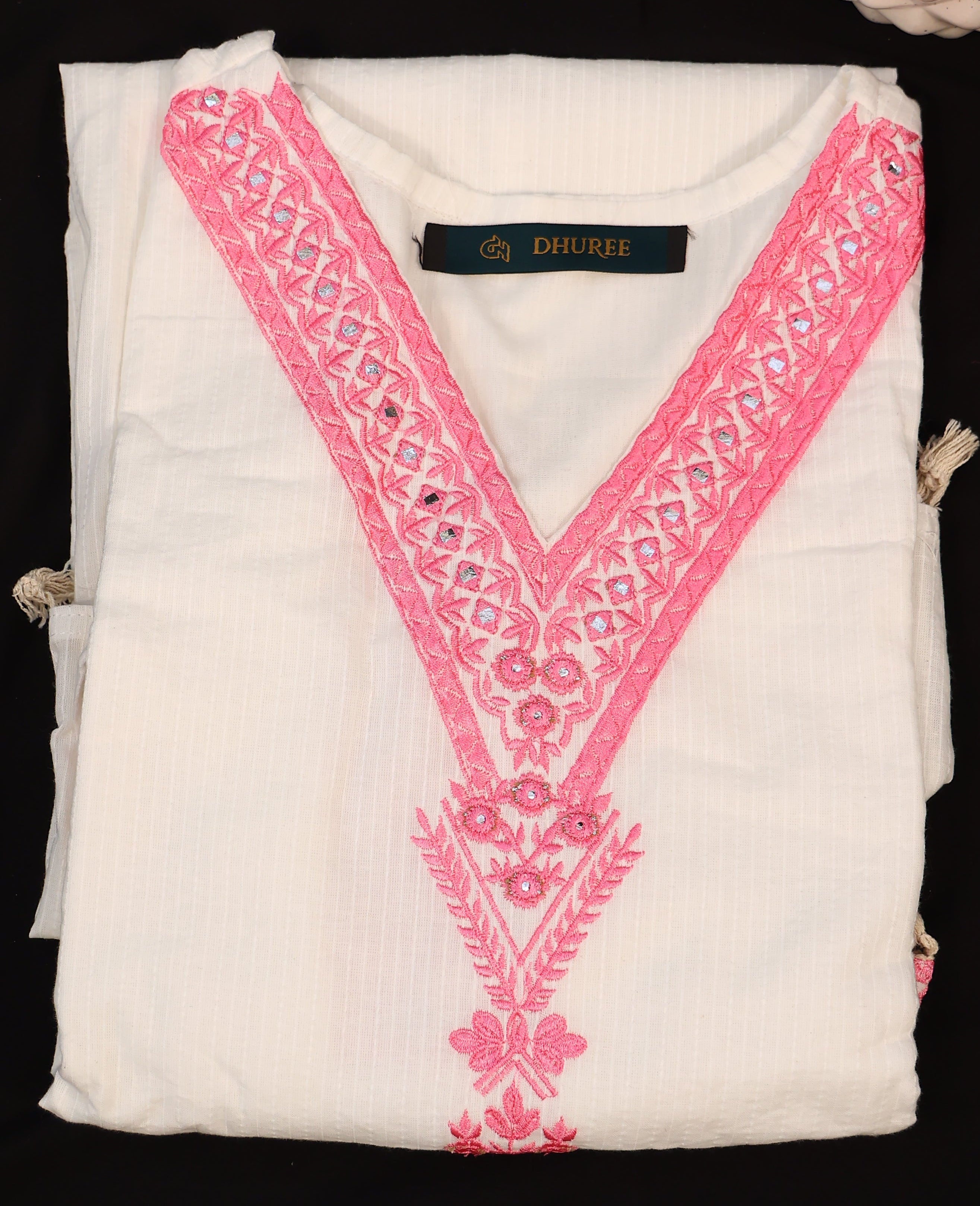 White and Pink Printed Khadi Cotton Kurta Set